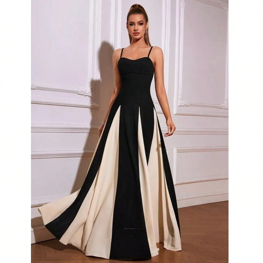 A-Line Sweetheart Floor-Length Charmeuse Stretch Crepe Prom Dresses With Black And White