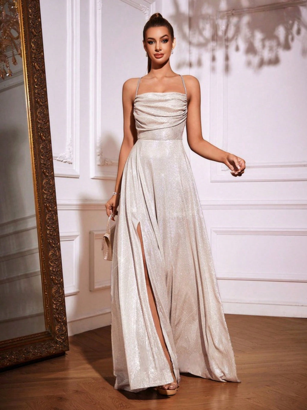 A-Line Cowl Floor-Length Sequin Prom Dresses With Ruched
