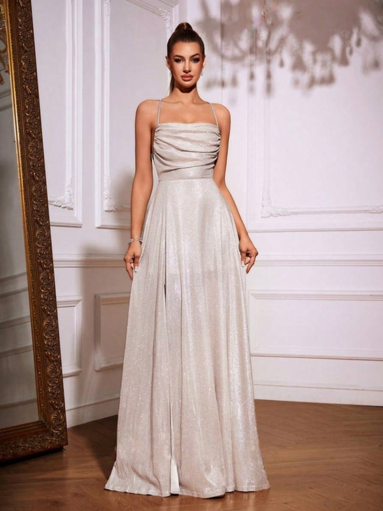 A-Line Cowl Floor-Length Sequin Prom Dresses With Ruched