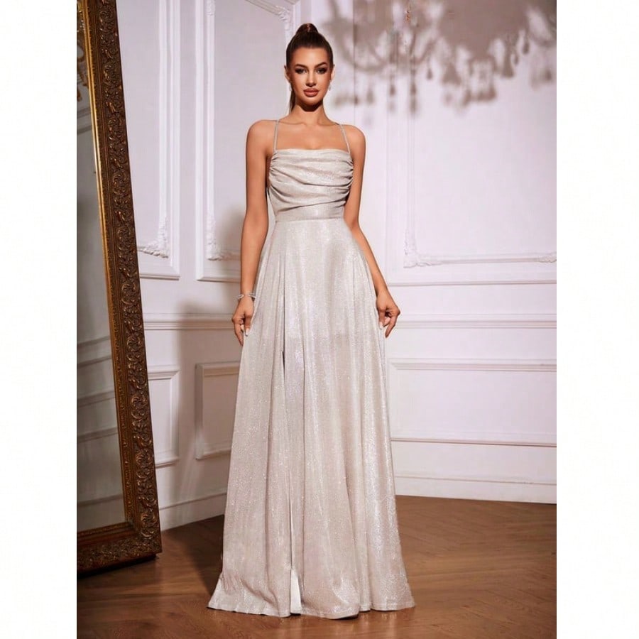 A-Line Cowl Floor-Length Sequin Prom Dresses With Ruched