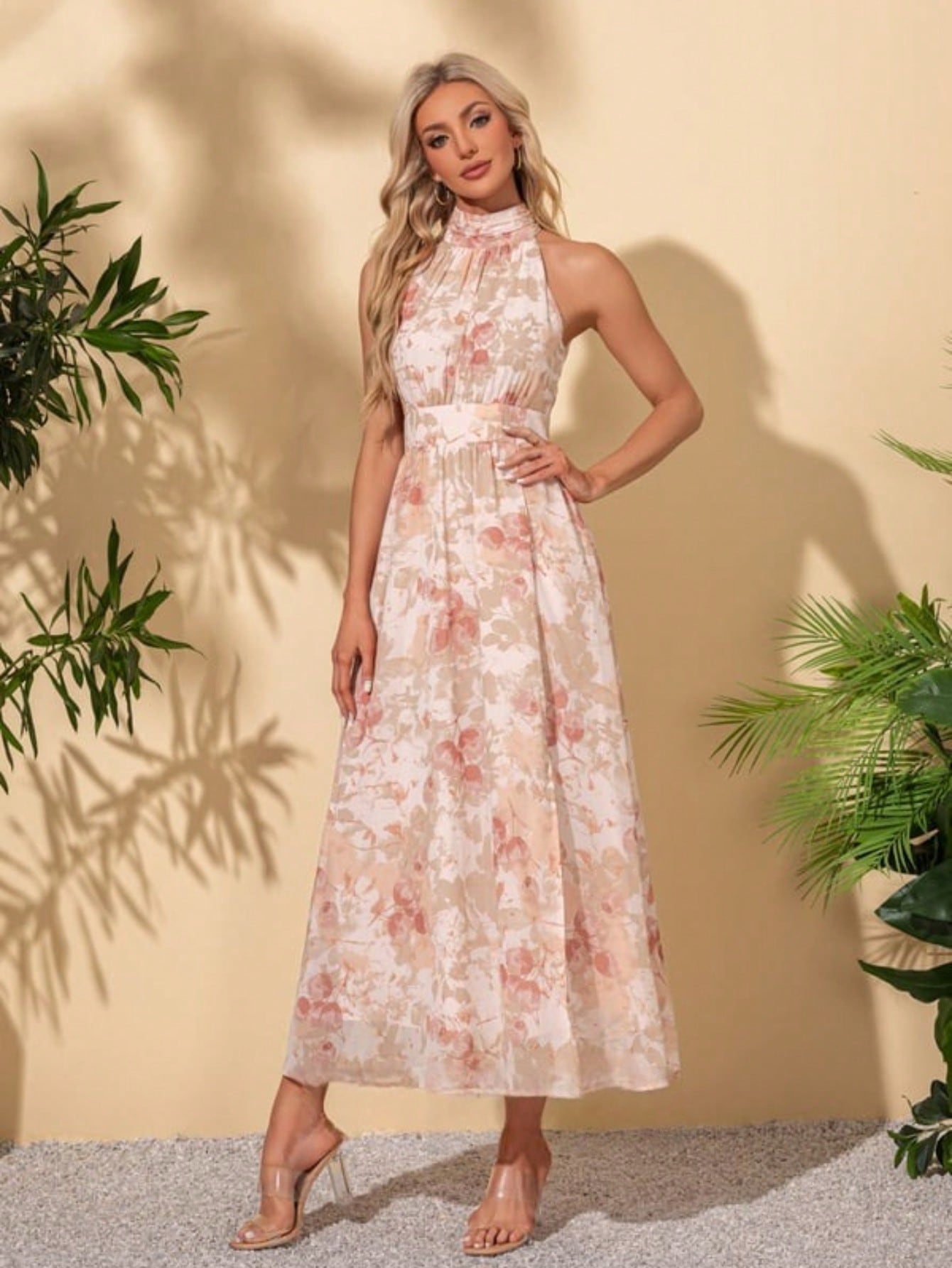 A-Line Halter High Neck Tea-Length Chiffon Cocktail Dress