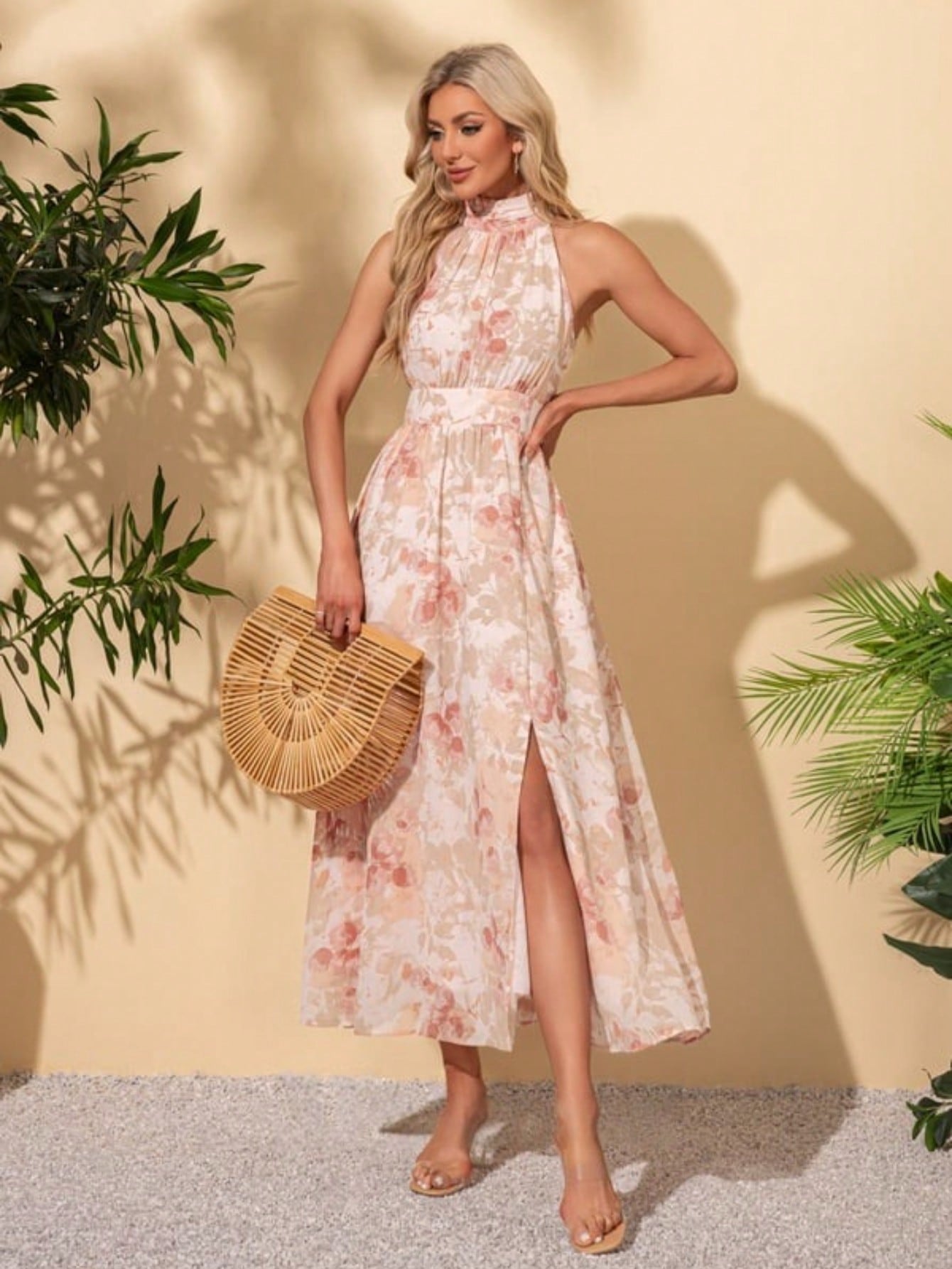A-Line Halter High Neck Tea-Length Chiffon Cocktail Dress