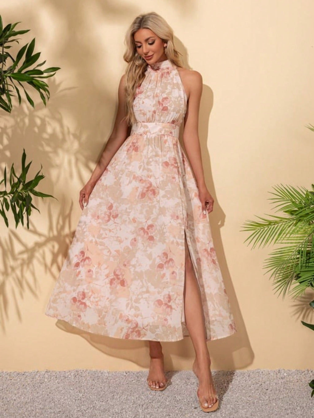 A-Line Halter High Neck Tea-Length Chiffon Cocktail Dress