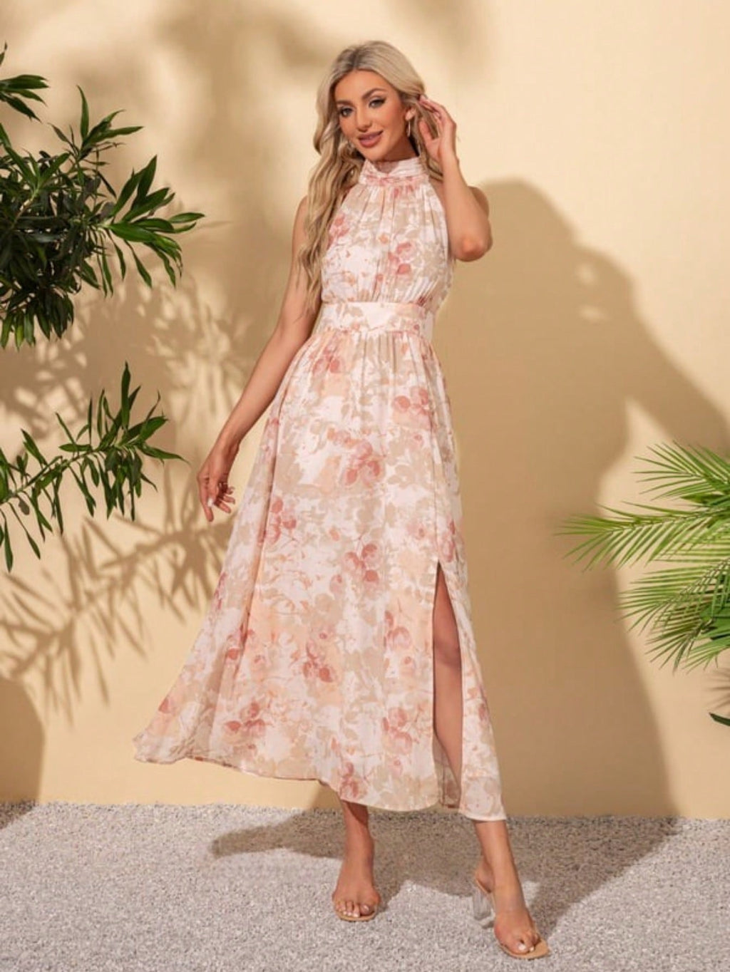 A-Line Halter High Neck Tea-Length Chiffon Cocktail Dress