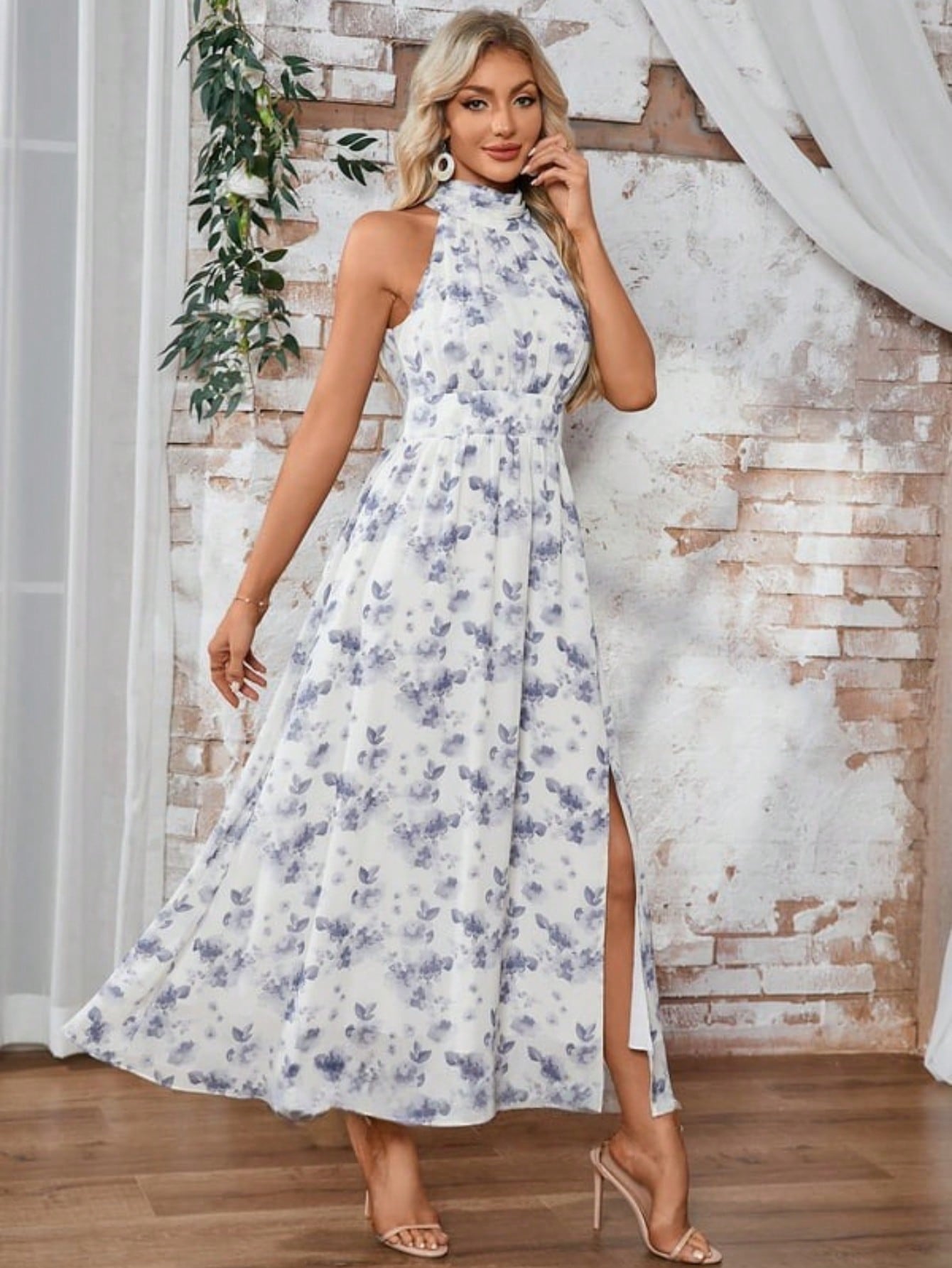 A-Line Halter High Neck Tea-Length Chiffon Cocktail Dress