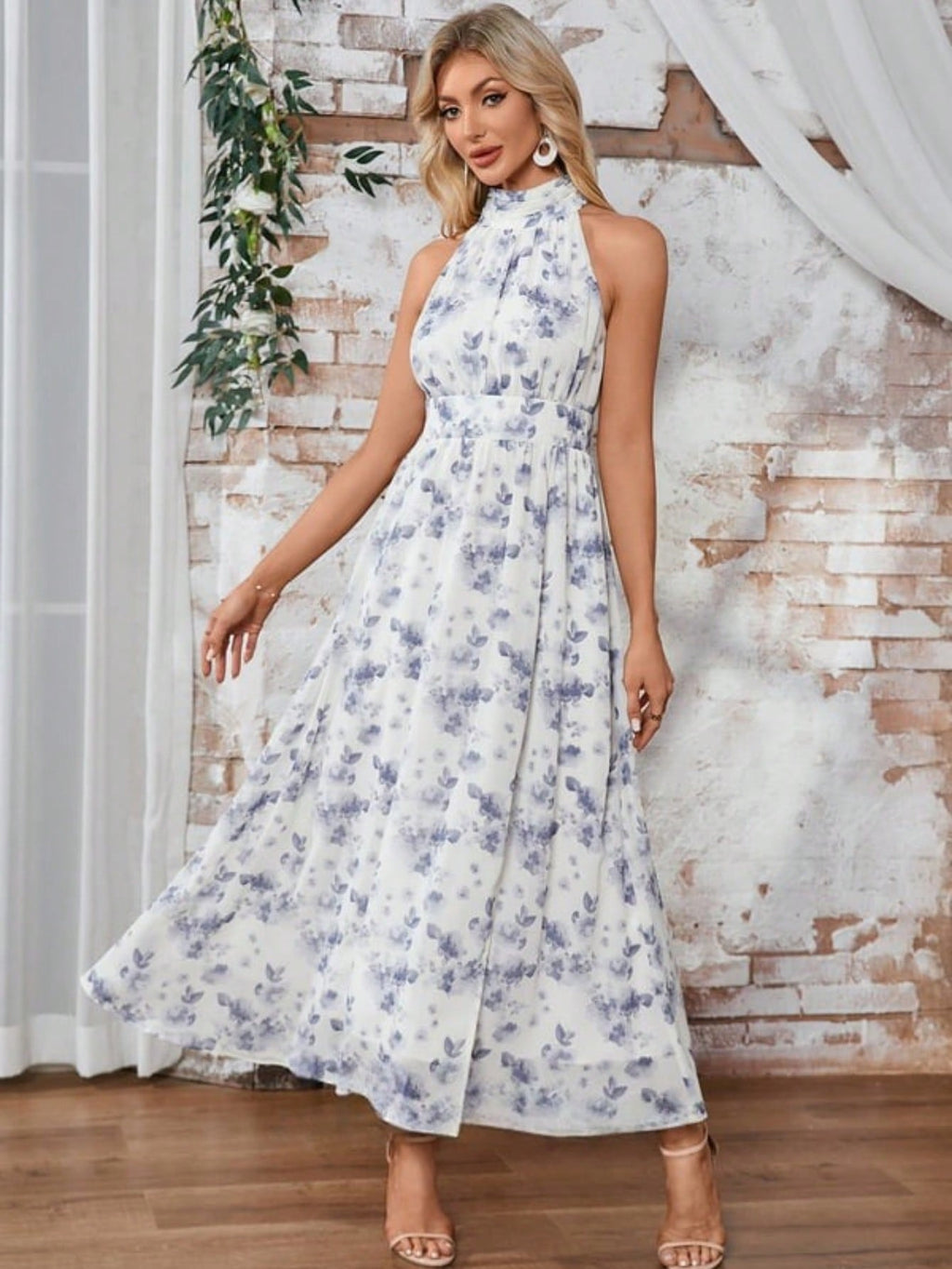 A-Line Halter High Neck Tea-Length Chiffon Cocktail Dress