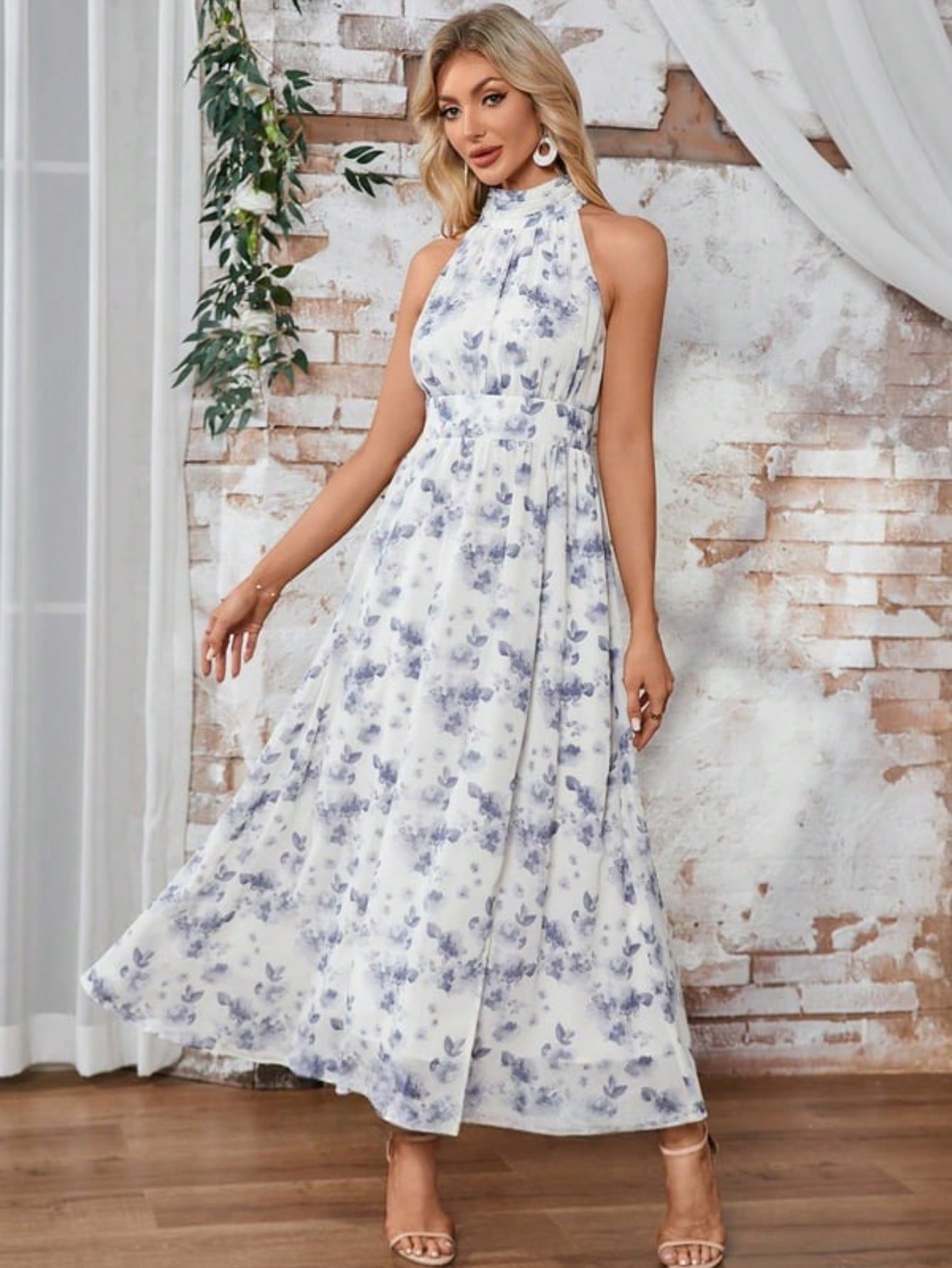 A-Line Halter High Neck Tea-Length Chiffon Cocktail Dress