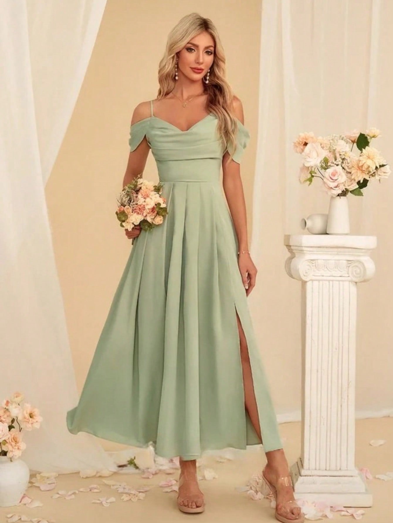 A-Line V-Neck Ankle-Length Charmeuse Bridesmaid Dress With Pleated