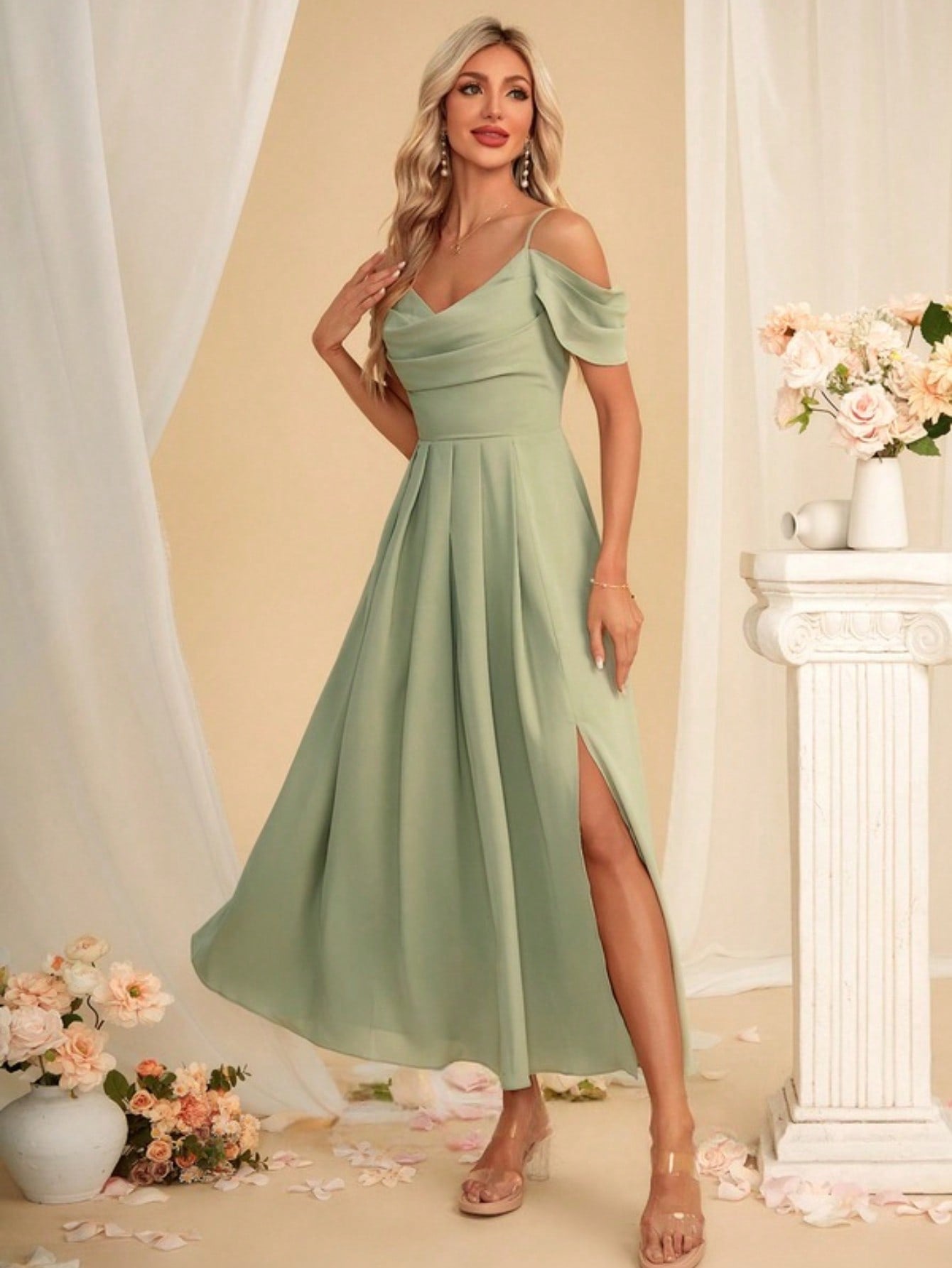 A-Line V-Neck Ankle-Length Charmeuse Bridesmaid Dress With Pleated