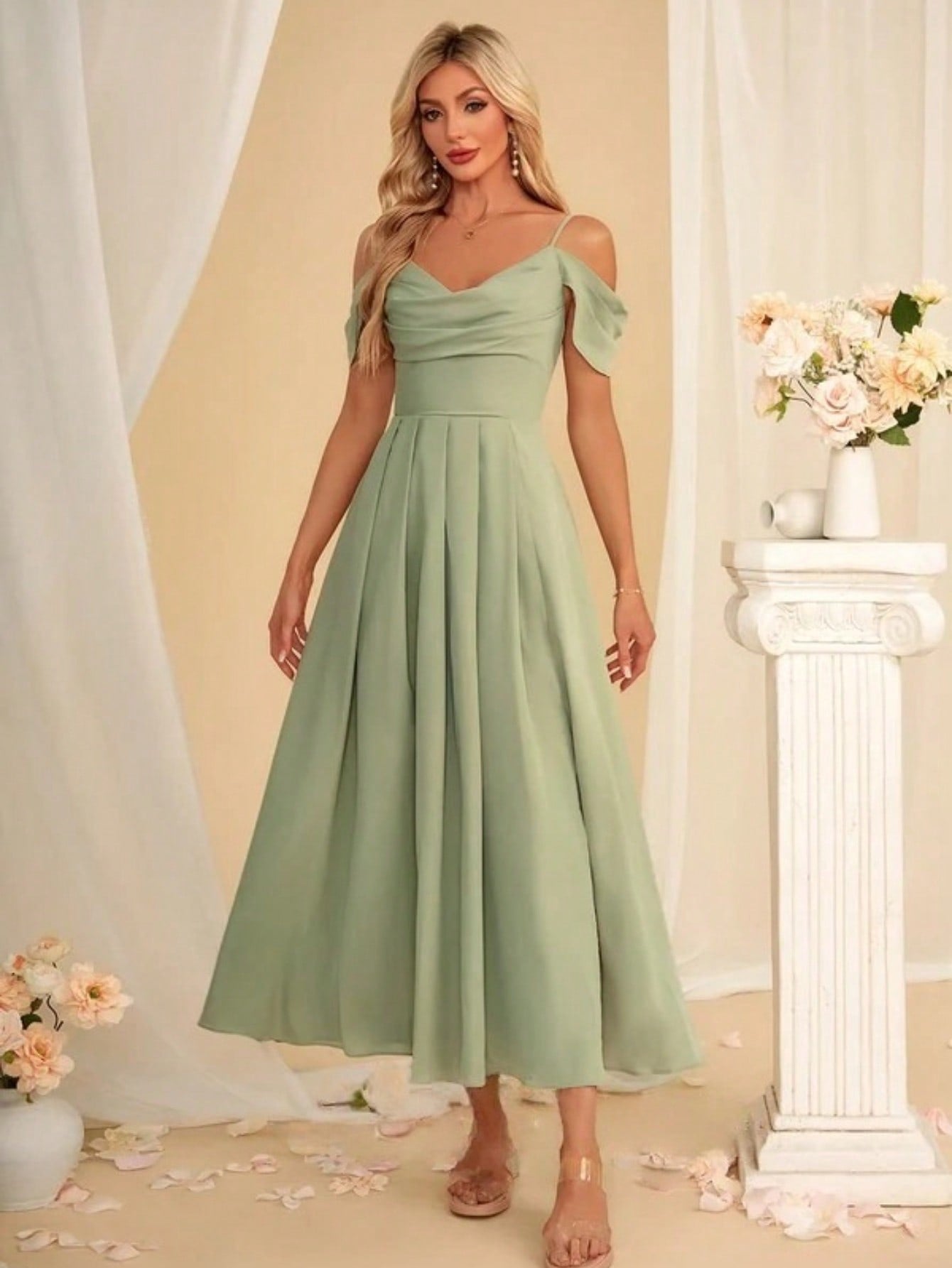 A-Line V-Neck Ankle-Length Charmeuse Bridesmaid Dress With Pleated
