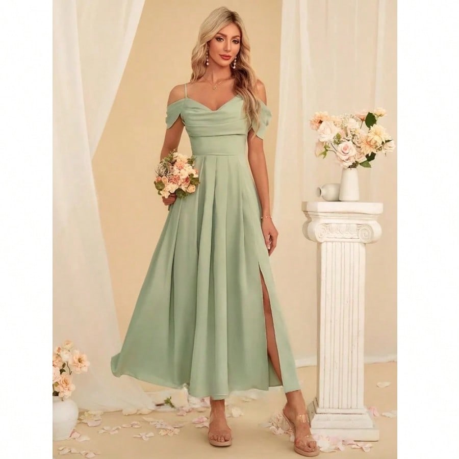 A-Line V-Neck Ankle-Length Charmeuse Bridesmaid Dress With Pleated