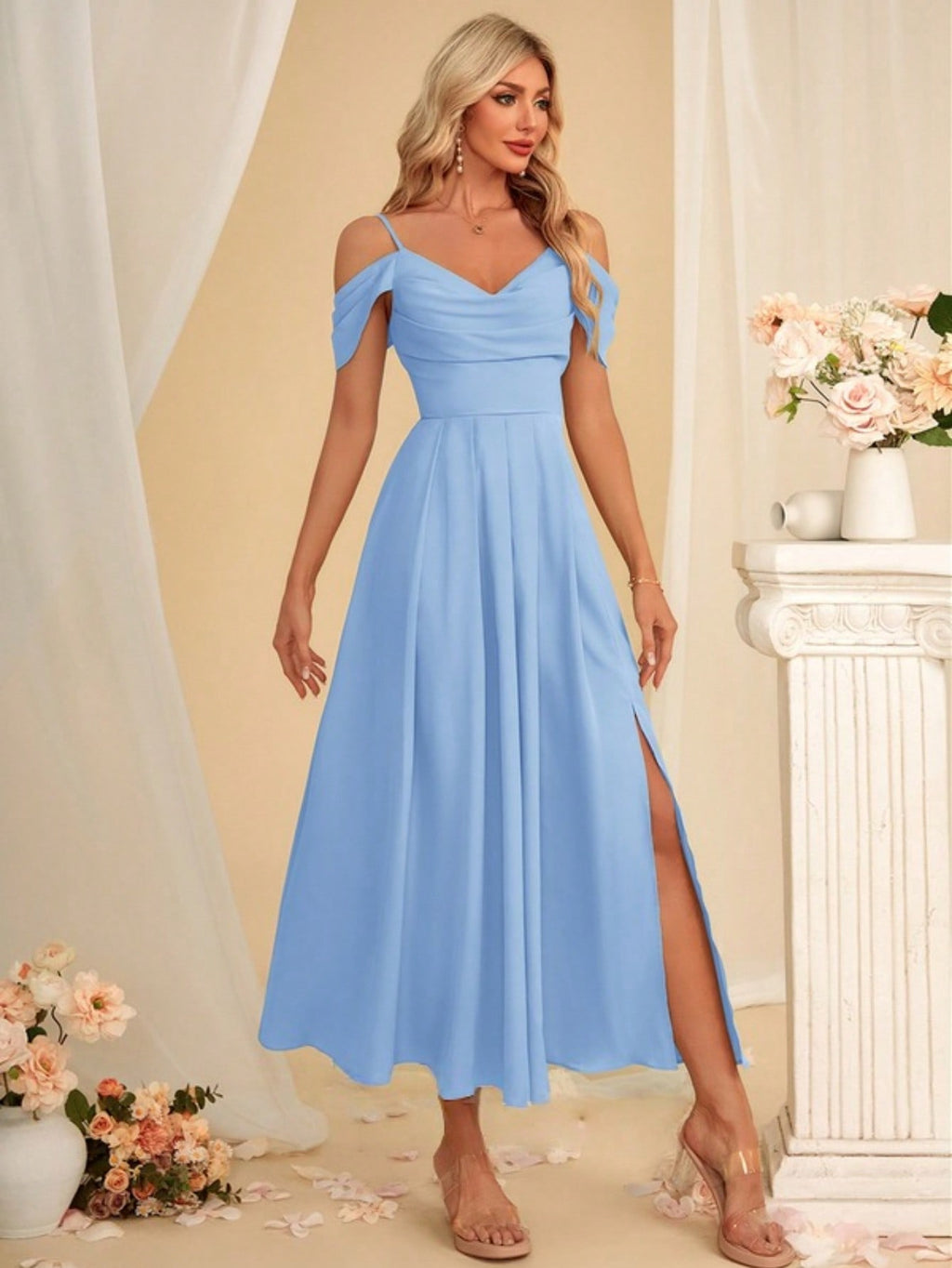 A-Line V-Neck Ankle-Length Charmeuse Bridesmaid Dress With Pleated