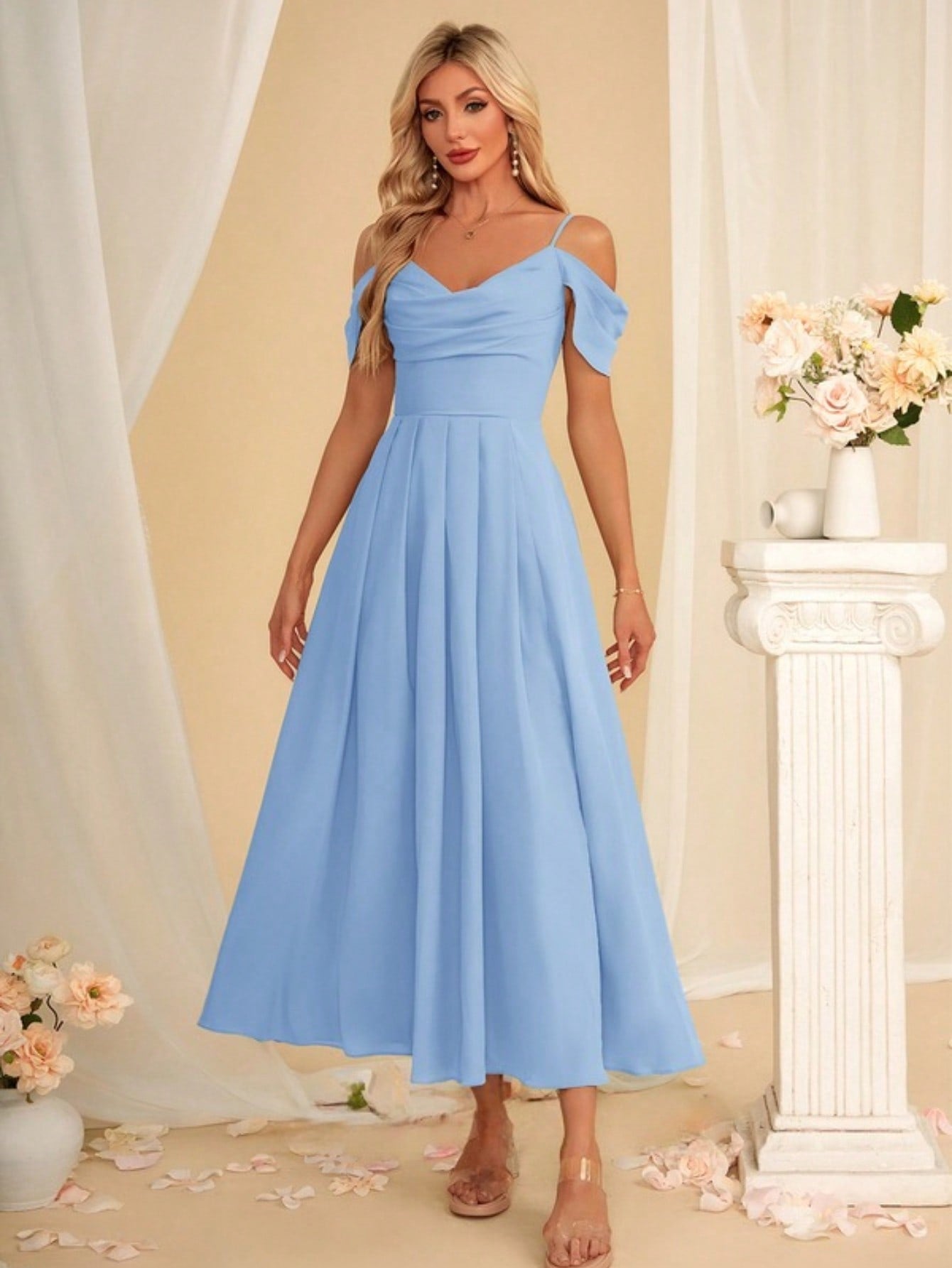 A-Line V-Neck Ankle-Length Charmeuse Bridesmaid Dress With Pleated