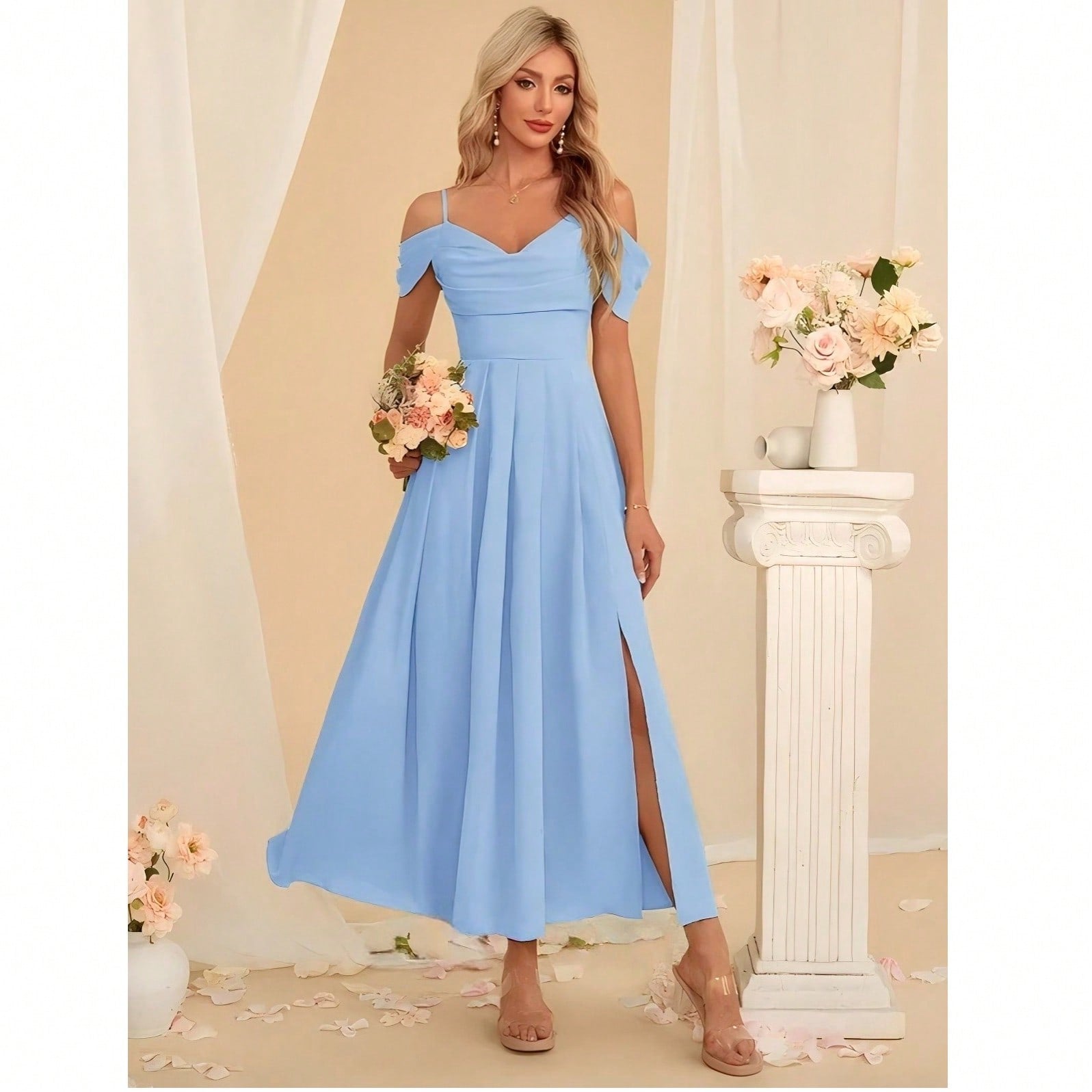 A-Line V-Neck Ankle-Length Charmeuse Bridesmaid Dress With Pleated