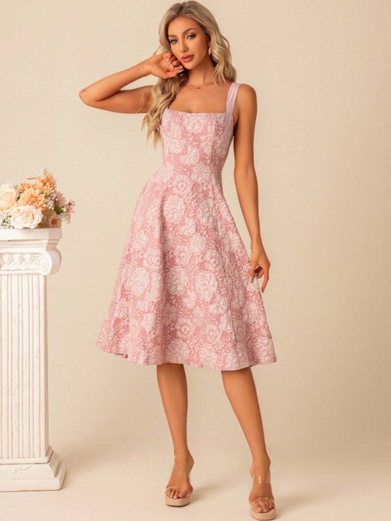 A-Line Square Knee-Length Jacquard Bridesmaid Dress With Bow