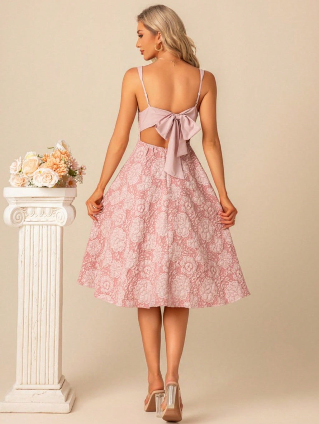 A-Line Square Knee-Length Jacquard Bridesmaid Dress With Bow