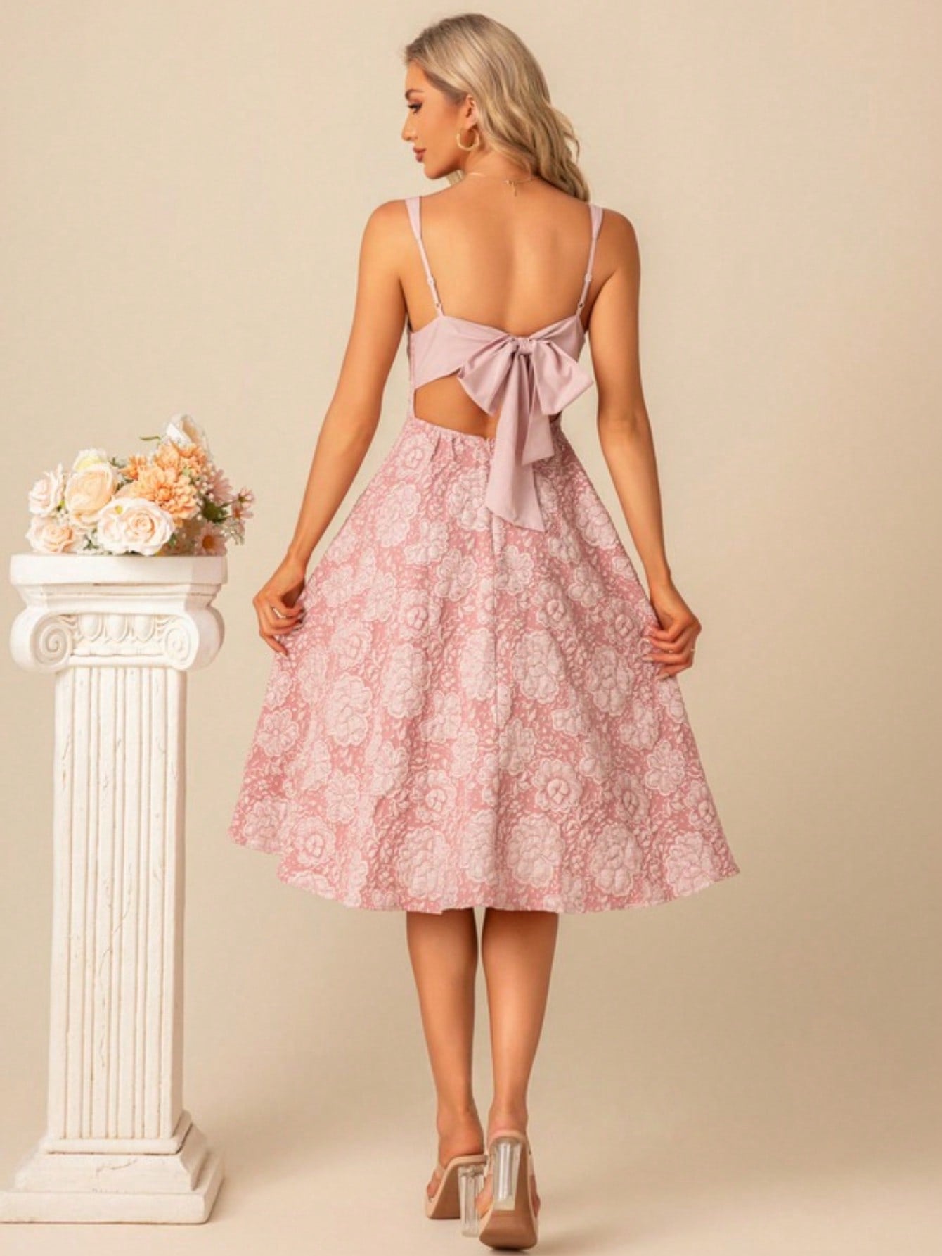 A-Line Square Knee-Length Jacquard Bridesmaid Dress With Bow
