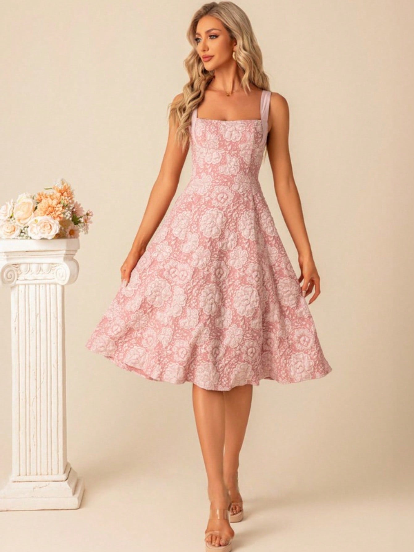 A-Line Square Knee-Length Jacquard Bridesmaid Dress With Bow