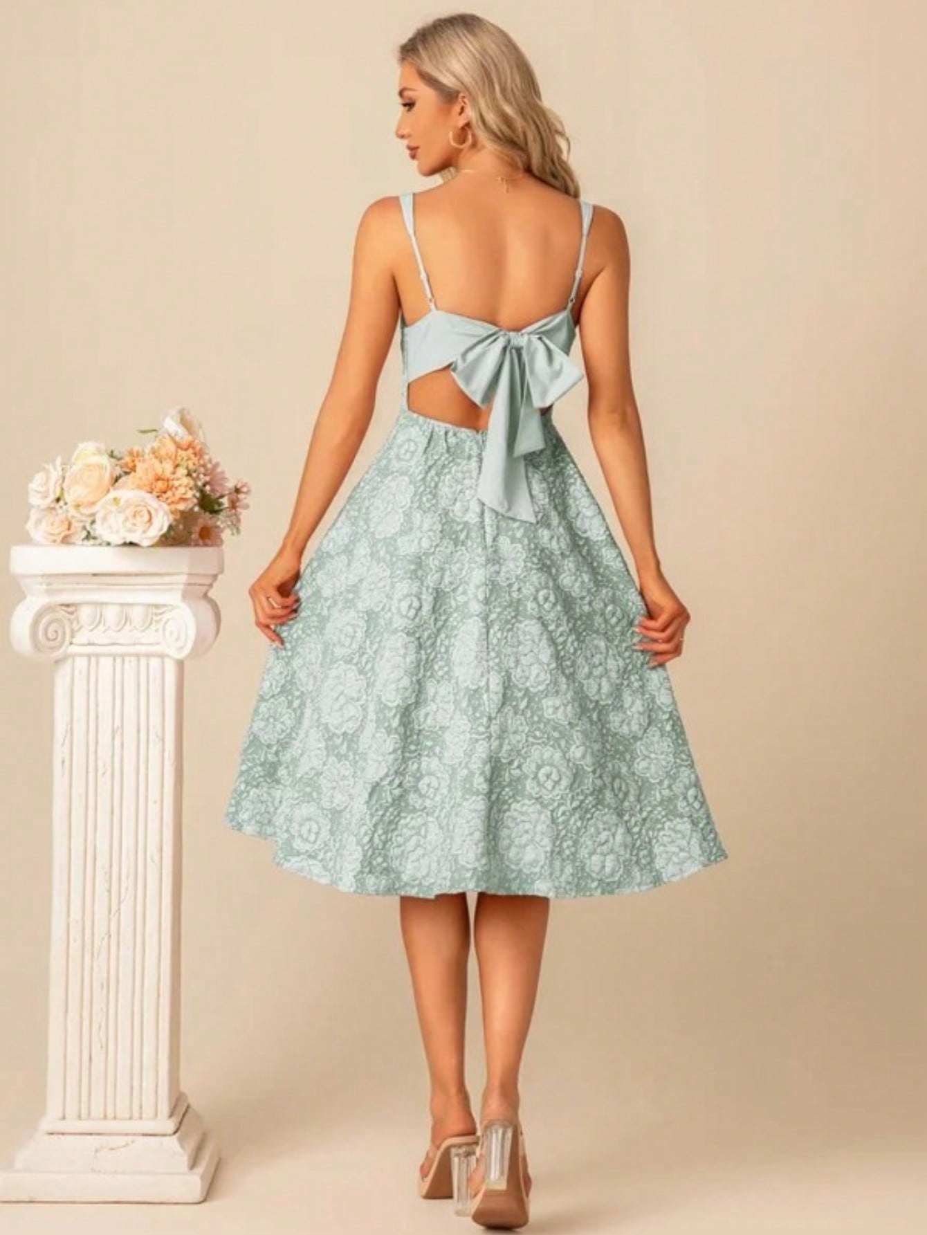 A-Line Square Knee-Length Jacquard Bridesmaid Dress With Bow