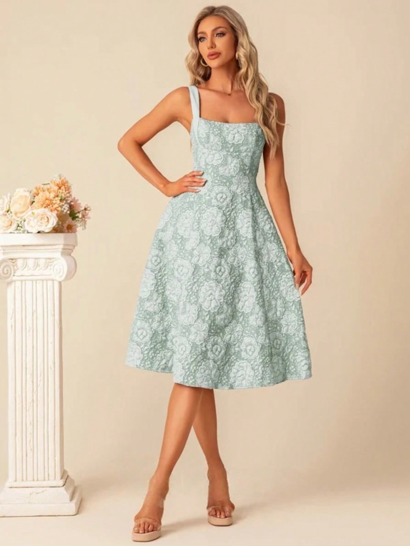 A-Line Square Knee-Length Jacquard Bridesmaid Dress With Bow