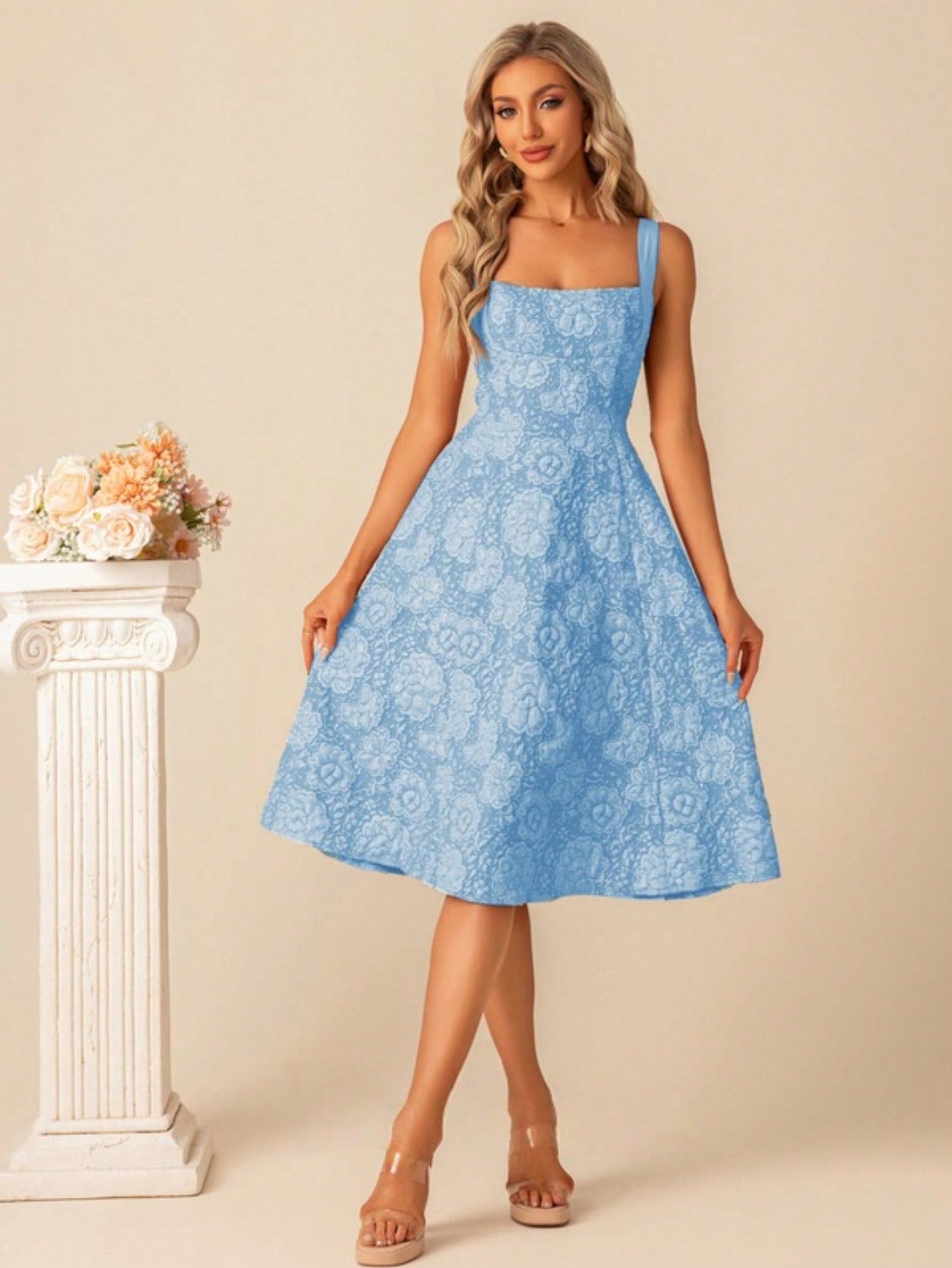 A-Line Square Knee-Length Jacquard Bridesmaid Dress With Bow