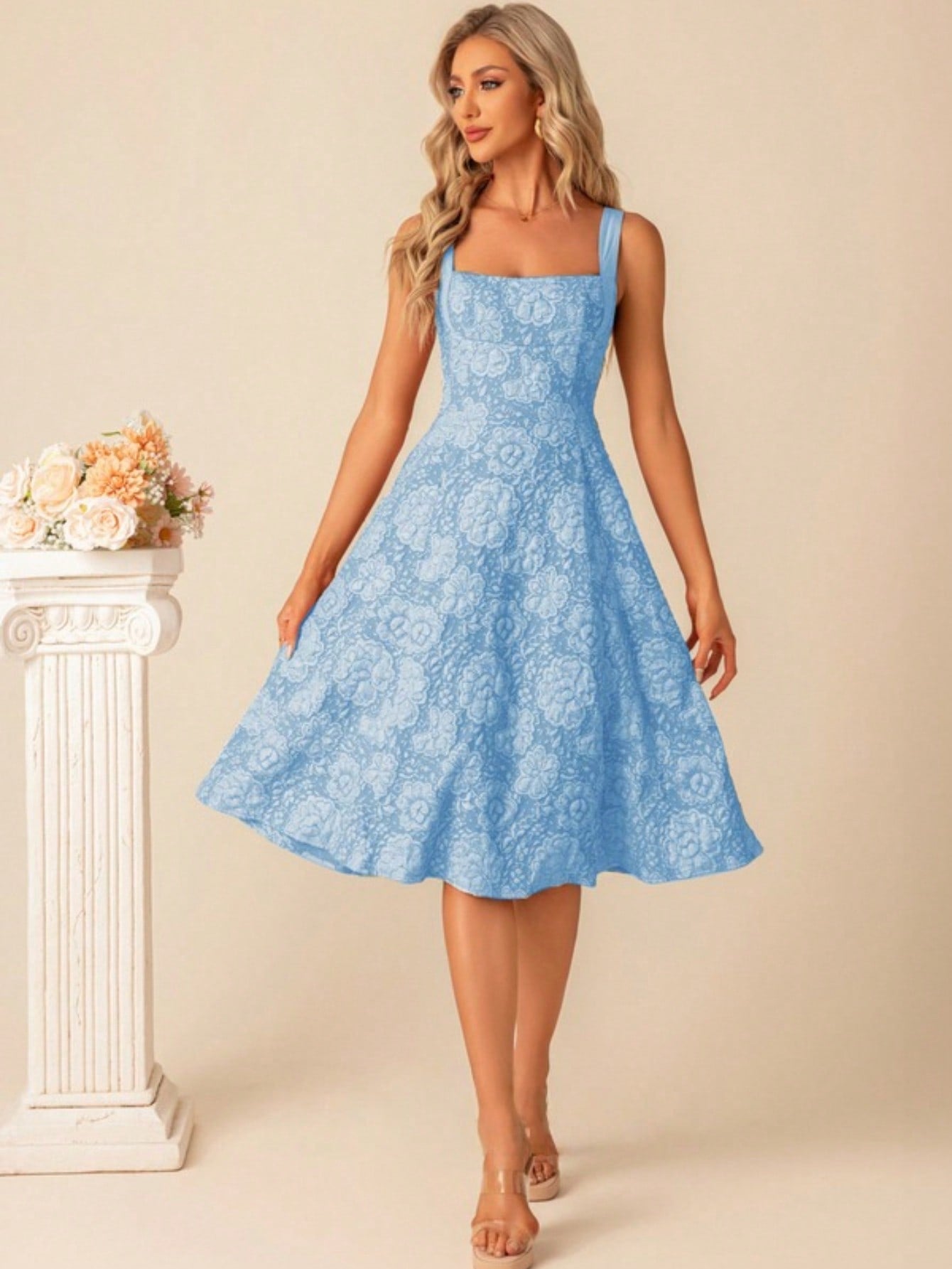 A-Line Square Knee-Length Jacquard Bridesmaid Dress With Bow