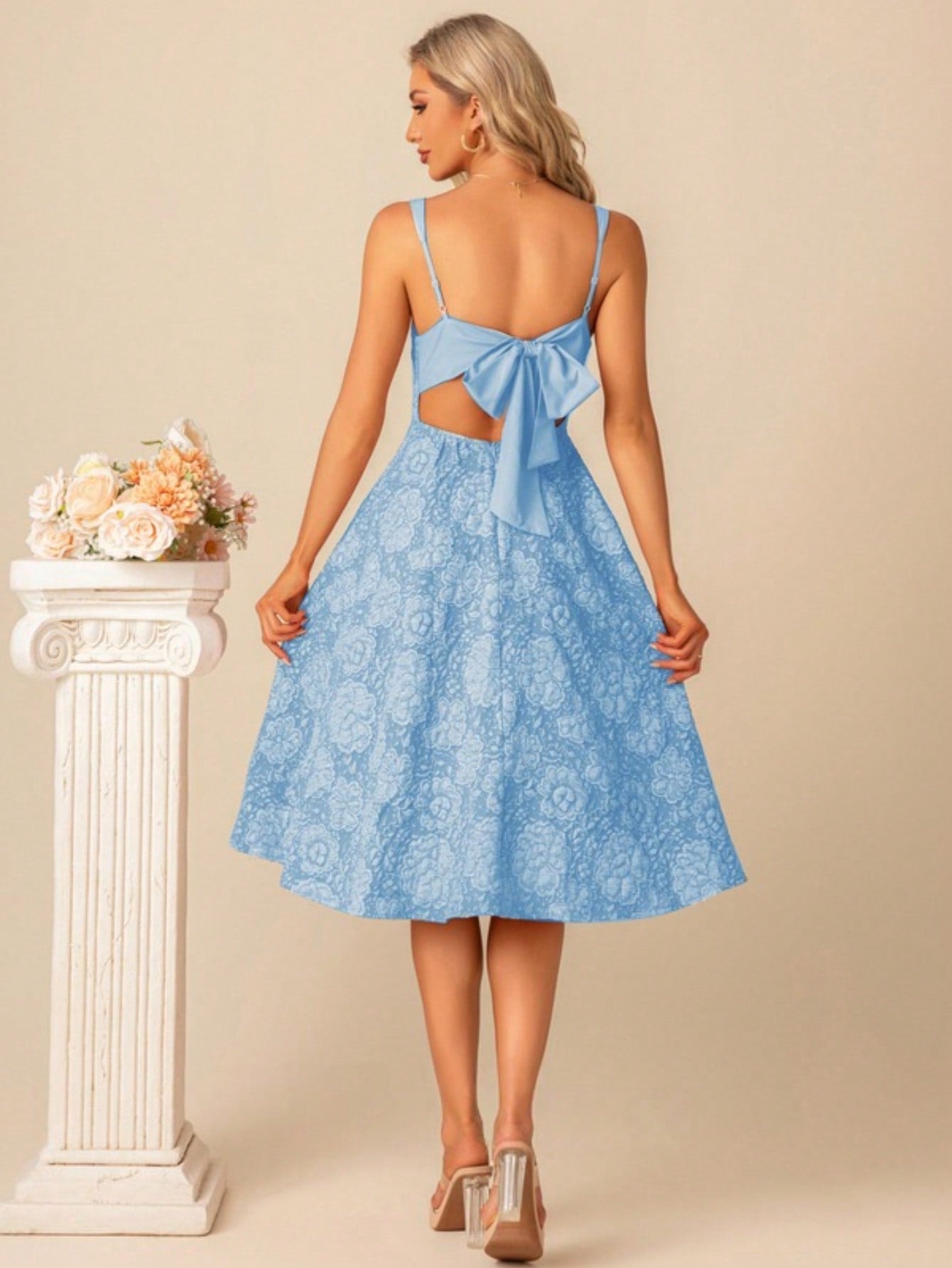 A-Line Square Knee-Length Jacquard Bridesmaid Dress With Bow