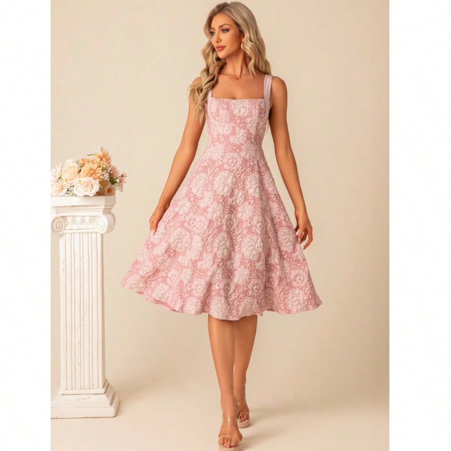 A-Line Square Knee-Length Jacquard Bridesmaid Dress With Bow