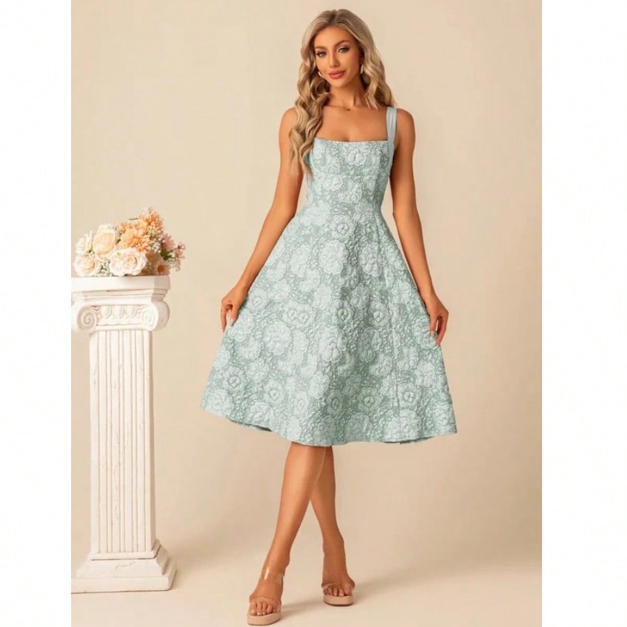 A-Line Square Knee-Length Jacquard Bridesmaid Dress With Bow