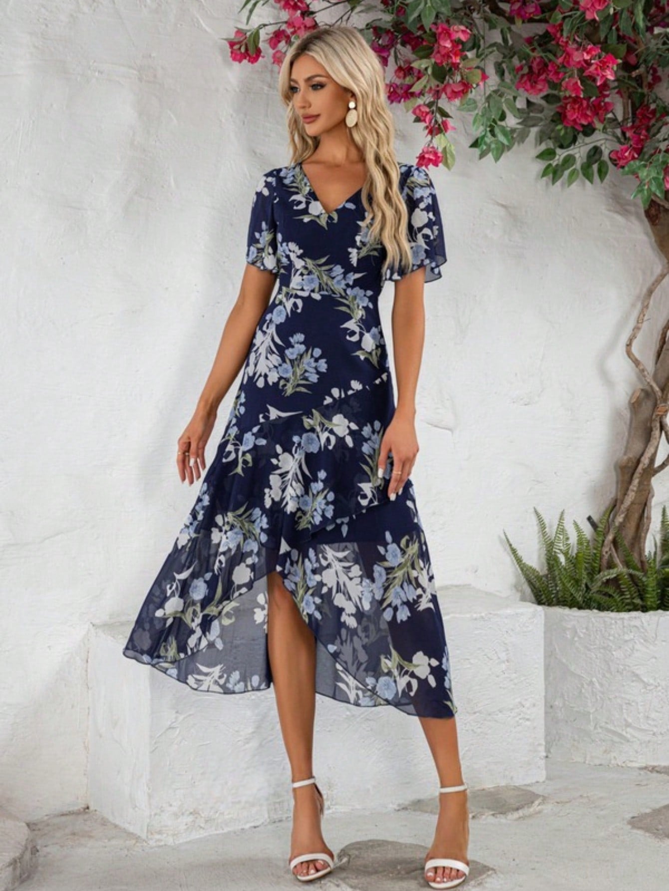 A-Line V-Neck Asymmetrical Tea-Length Chiffon Cocktail Dress With Ruffle
