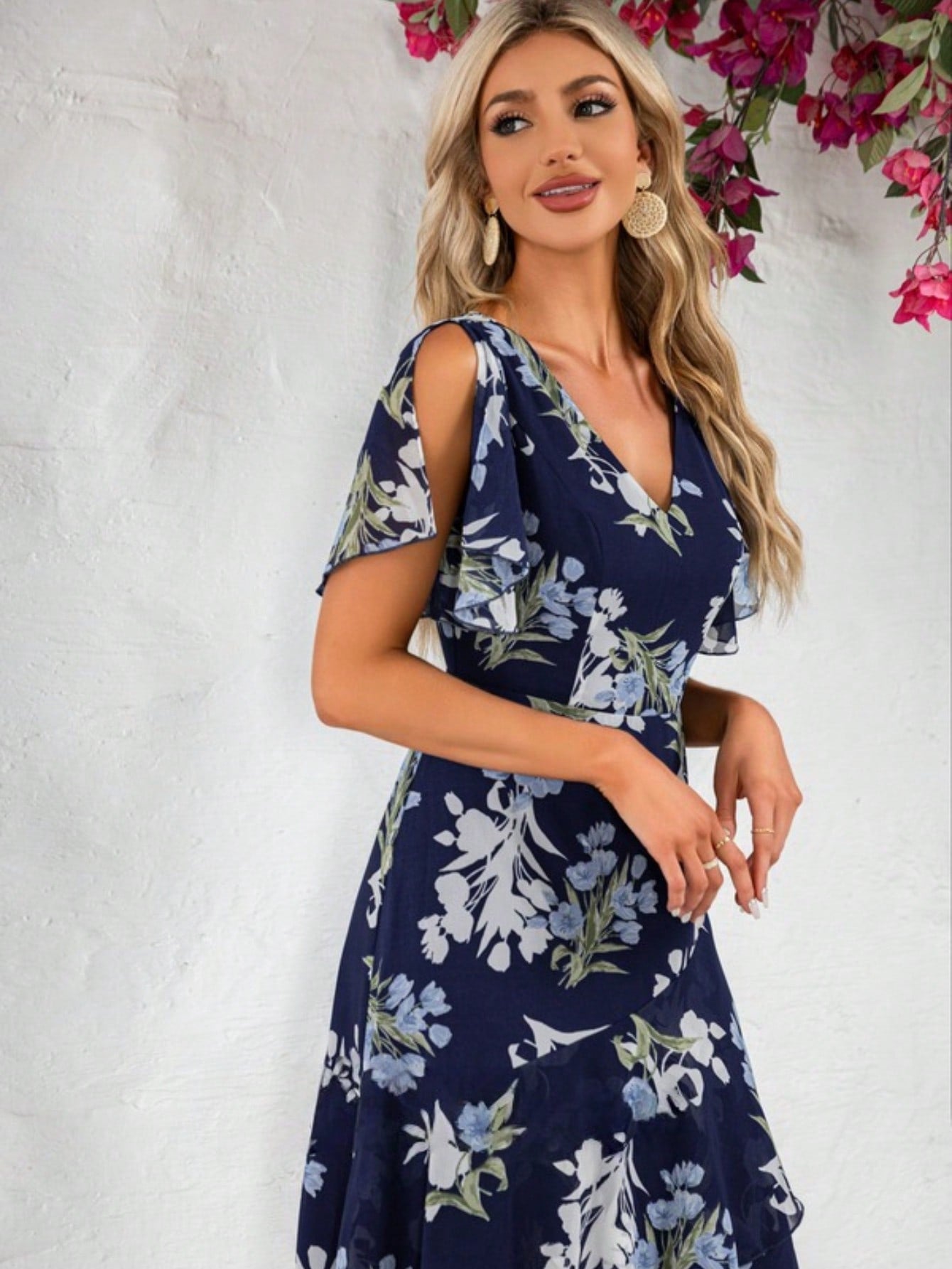 A-Line V-Neck Asymmetrical Tea-Length Chiffon Cocktail Dress With Ruffle