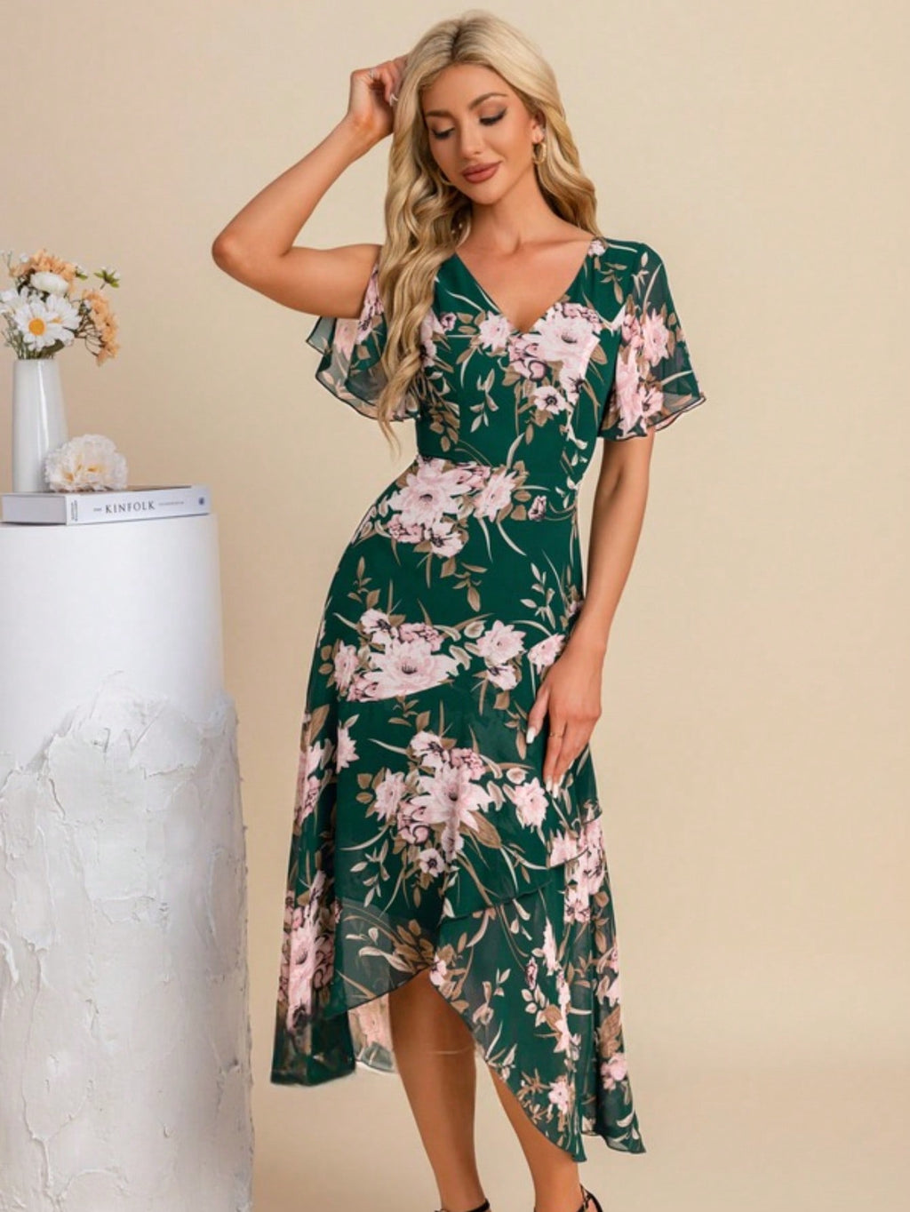 A-Line V-Neck Asymmetrical Tea-Length Chiffon Cocktail Dress With Ruffle