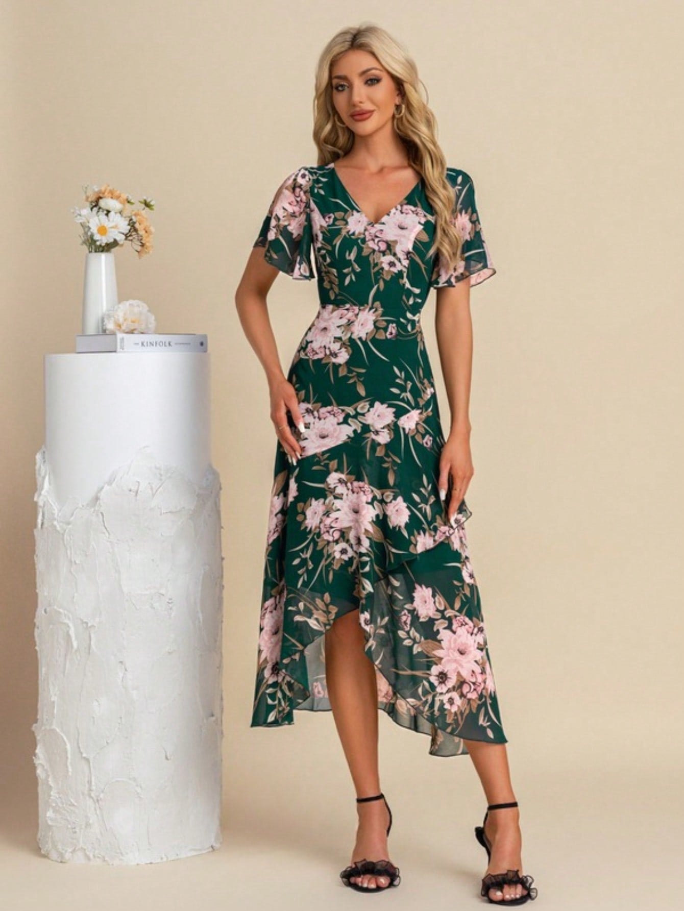 A-Line V-Neck Asymmetrical Tea-Length Chiffon Cocktail Dress With Ruffle
