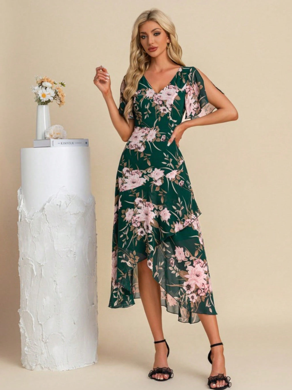 A-Line V-Neck Asymmetrical Tea-Length Chiffon Cocktail Dress With Ruffle