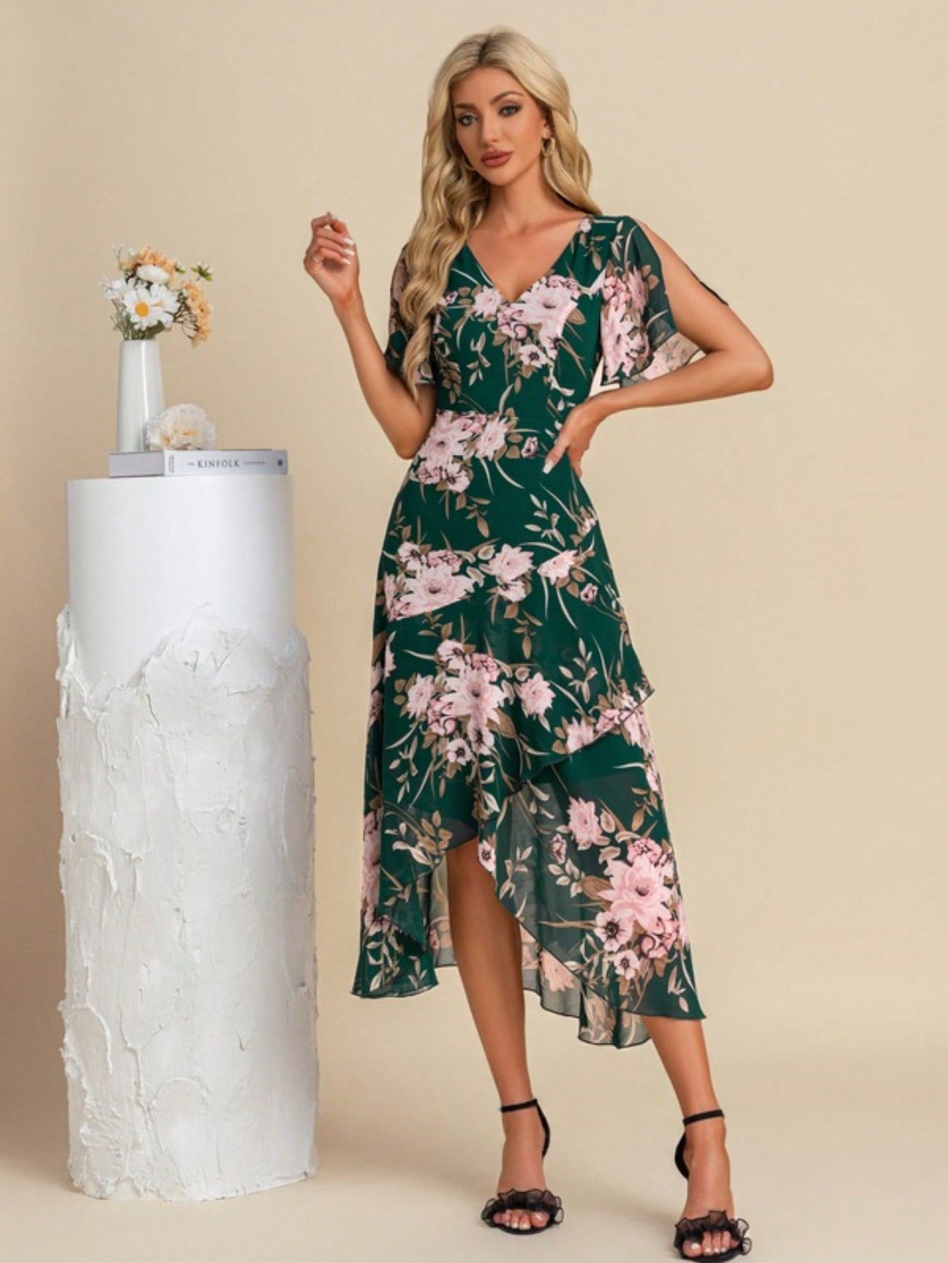 A-Line V-Neck Asymmetrical Tea-Length Chiffon Cocktail Dress With Ruffle