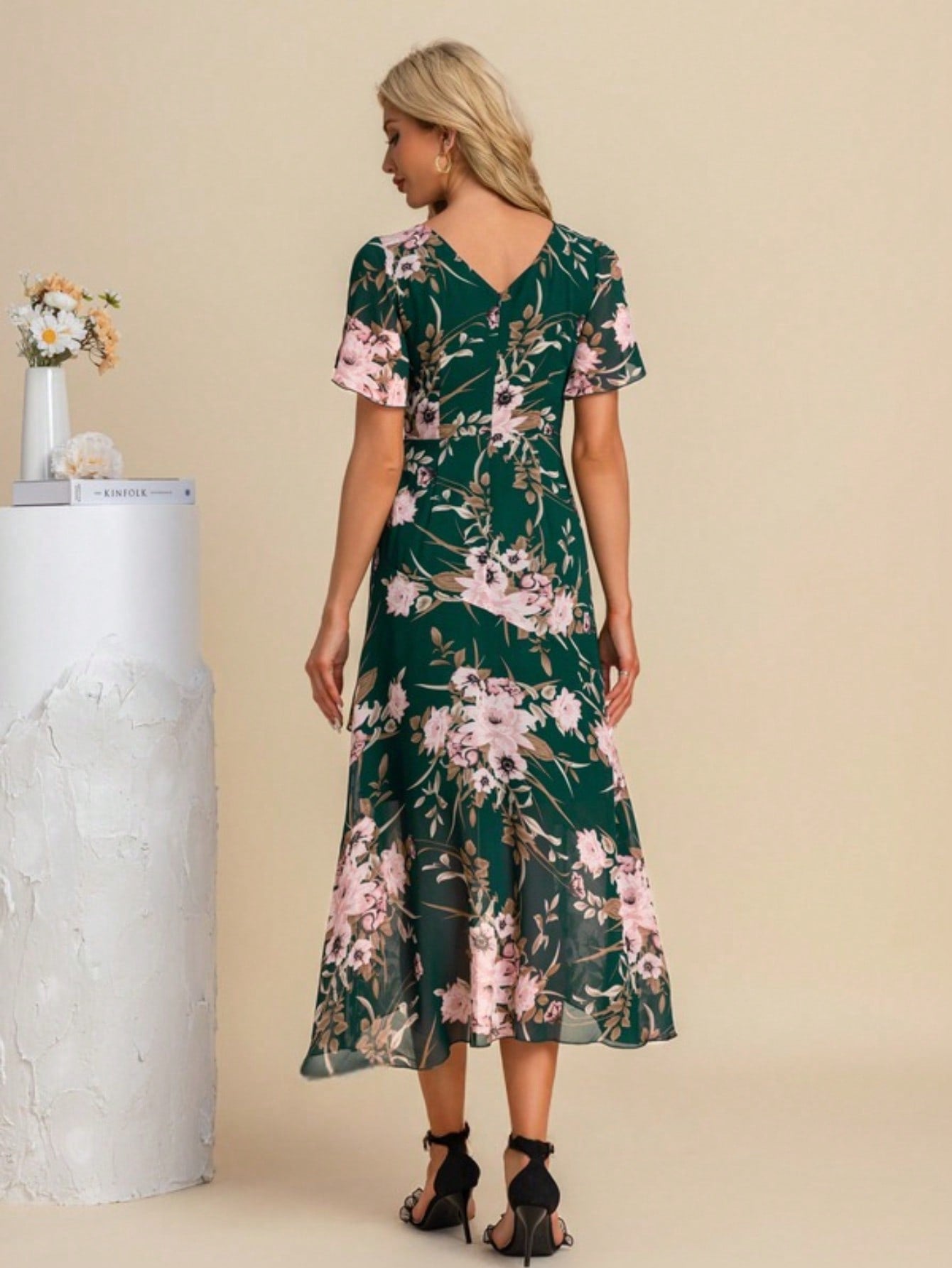 A-Line V-Neck Asymmetrical Tea-Length Chiffon Cocktail Dress With Ruffle