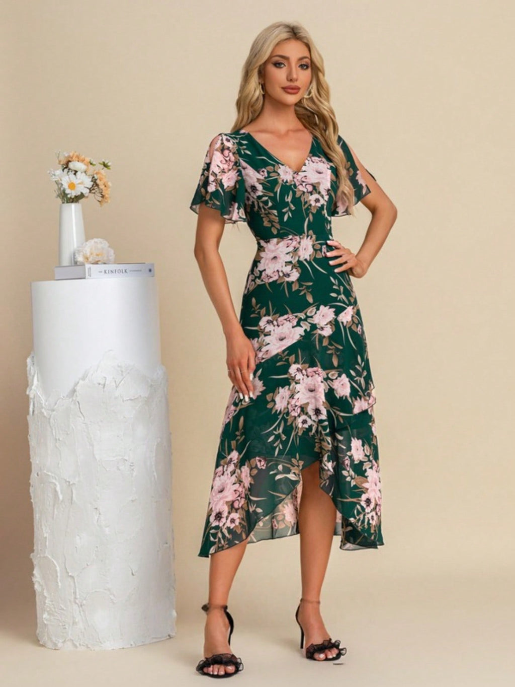 A-Line V-Neck Asymmetrical Tea-Length Chiffon Cocktail Dress With Ruffle
