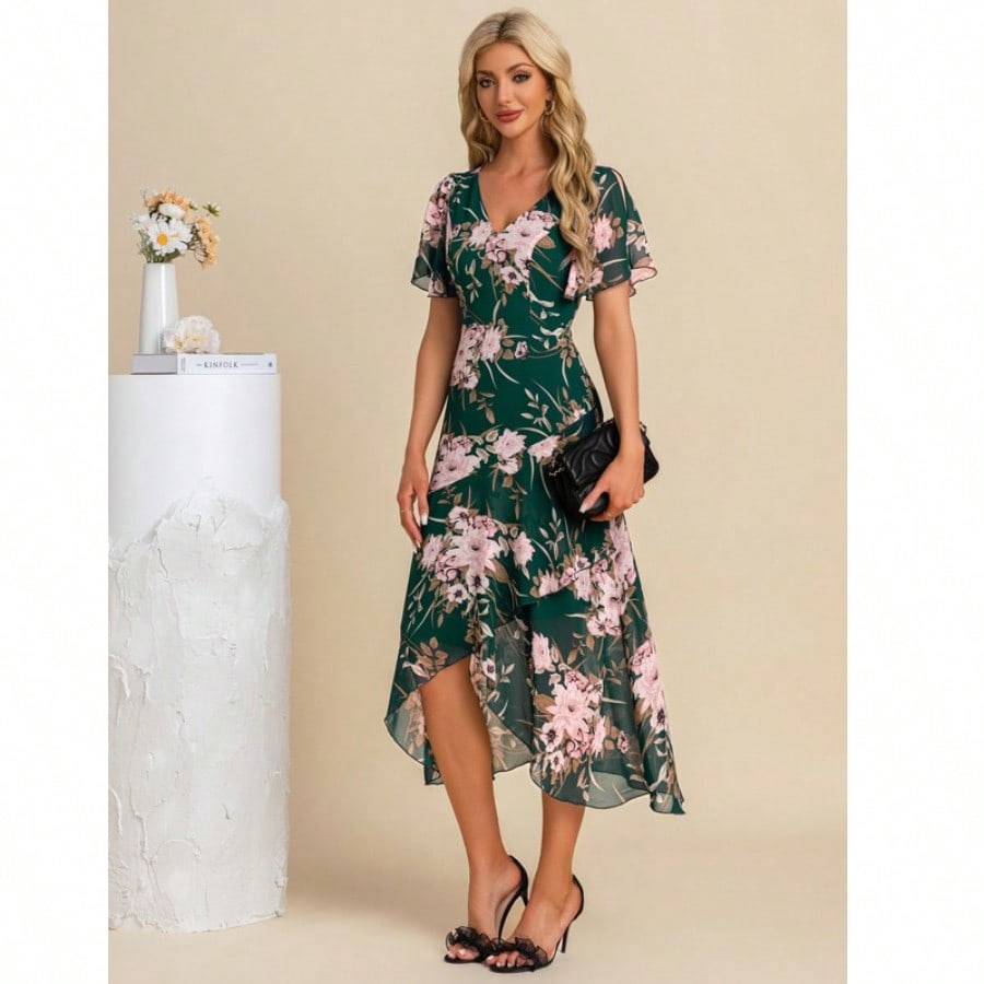 A-Line V-Neck Asymmetrical Tea-Length Chiffon Cocktail Dress With Ruffle
