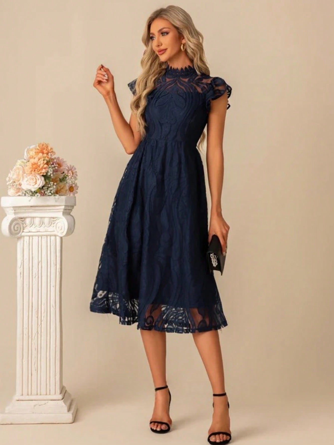 High Neck Illusion Cap Sleeve A-Line Lace Midi Dress