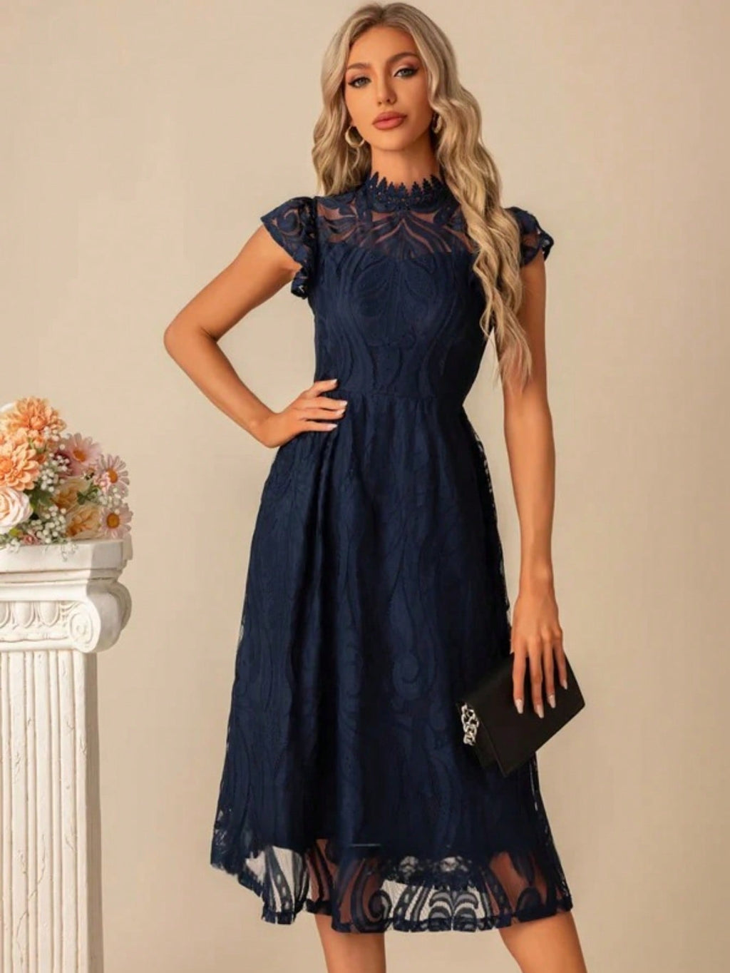 High Neck Illusion Cap Sleeve A-Line Lace Midi Dress