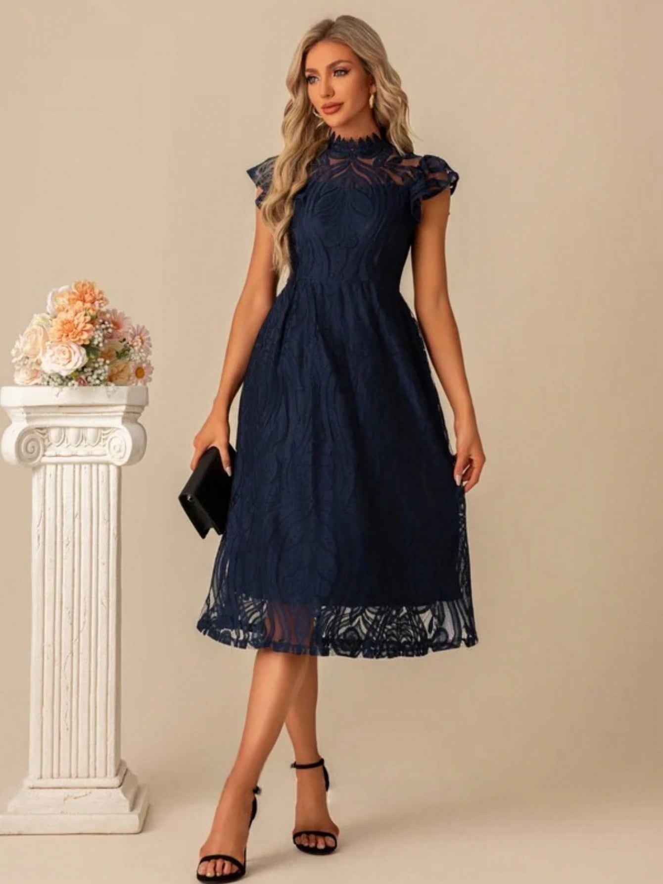High Neck Illusion Cap Sleeve A-Line Lace Midi Dress