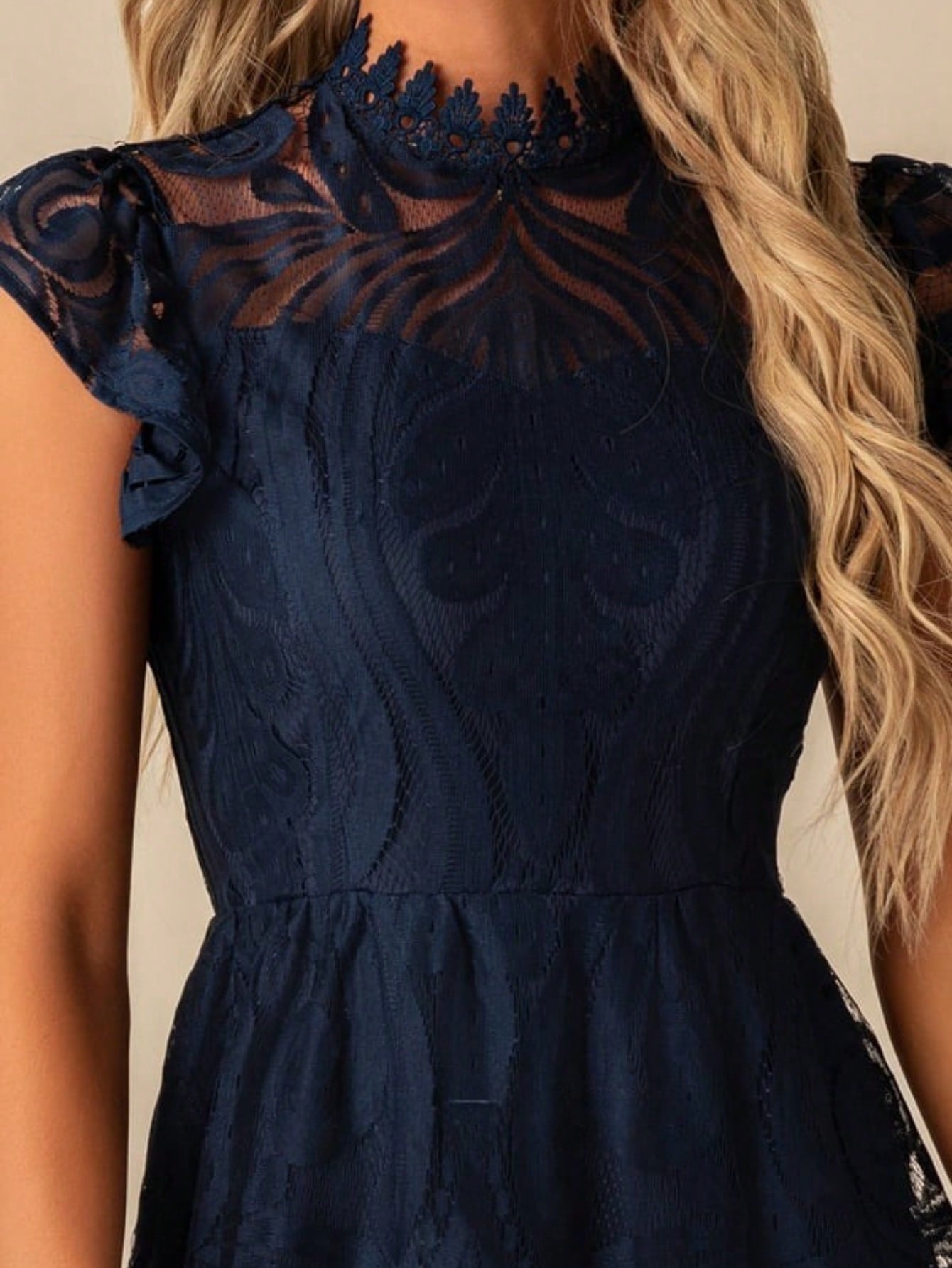 High Neck Illusion Cap Sleeve A-Line Lace Midi Dress