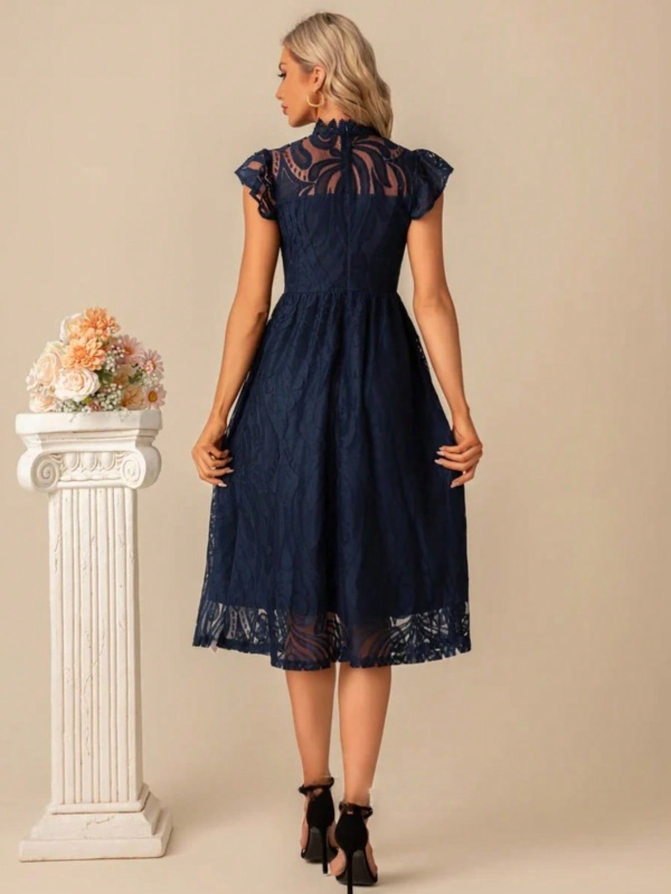 High Neck Illusion Cap Sleeve A-Line Lace Midi Dress