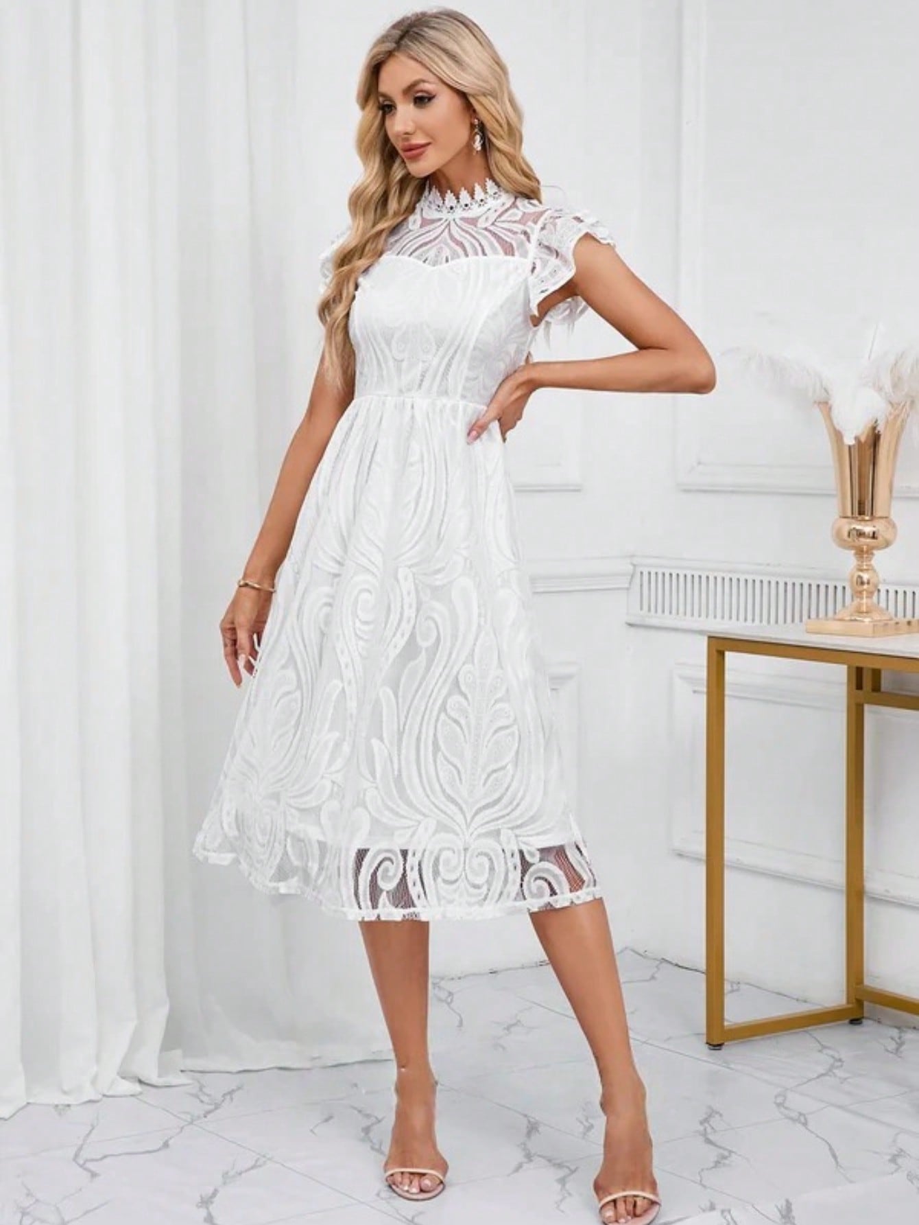 High Neck Illusion Cap Sleeve A-Line Lace Midi Dress