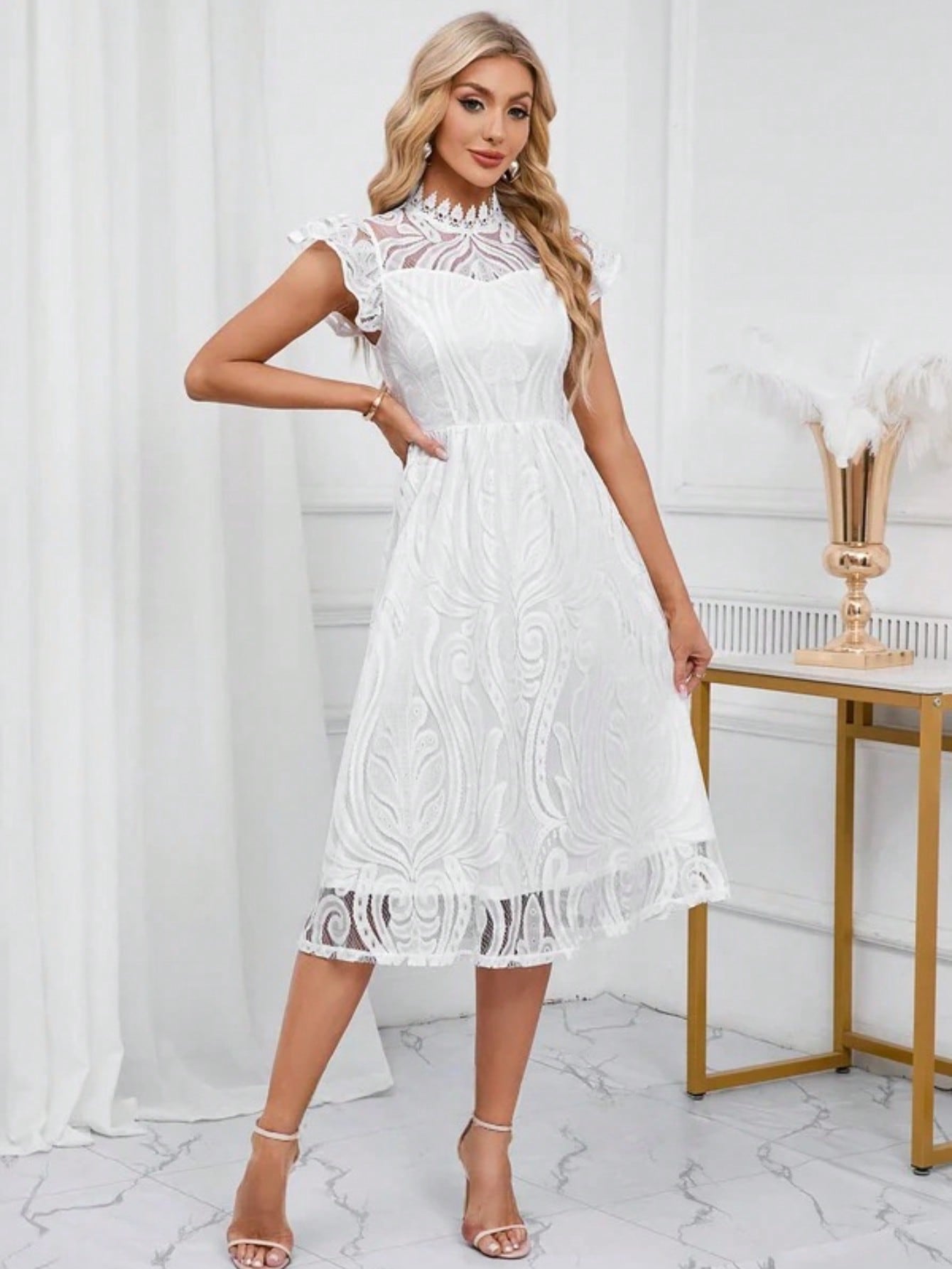 High Neck Illusion Cap Sleeve A-Line Lace Midi Dress