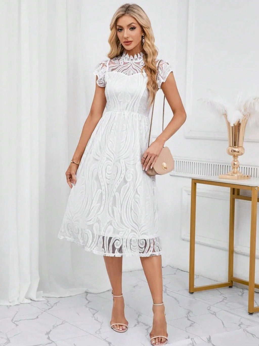 High Neck Illusion Cap Sleeve A-Line Lace Midi Dress