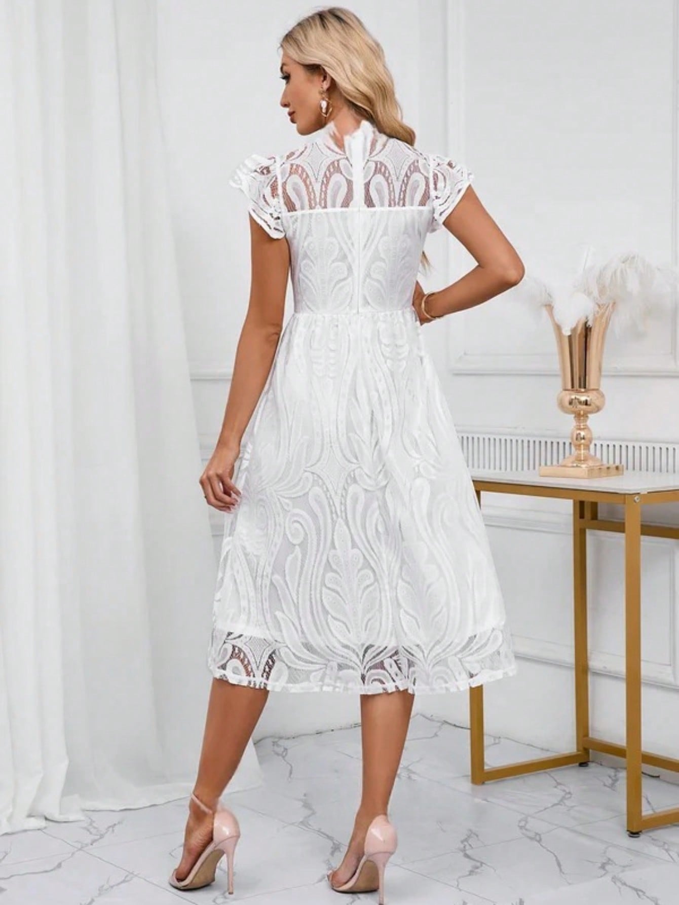 High Neck Illusion Cap Sleeve A-Line Lace Midi Dress