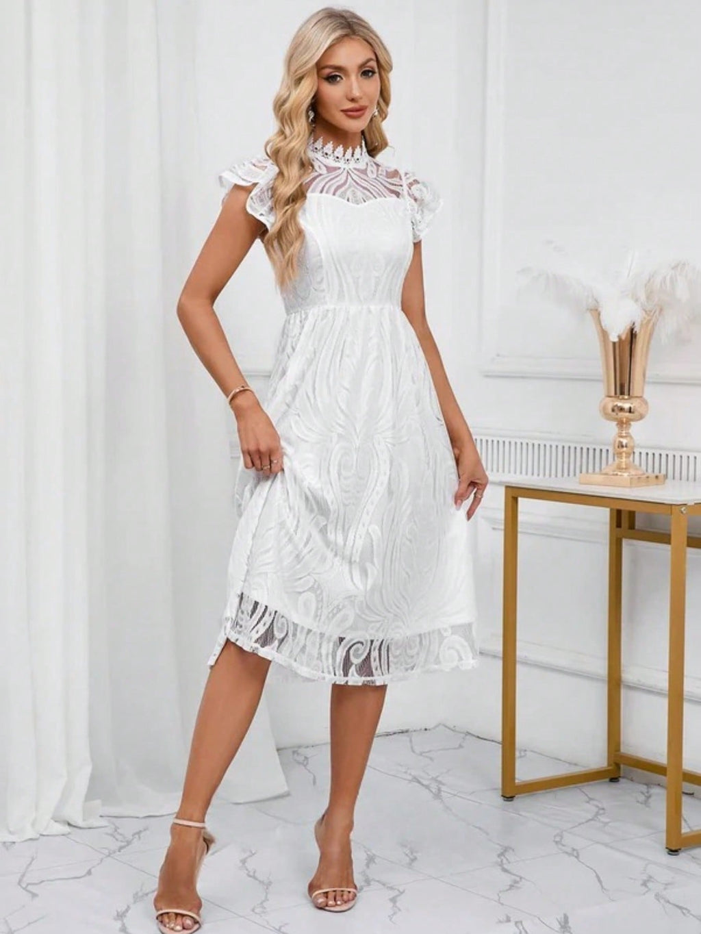 High Neck Illusion Cap Sleeve A-Line Lace Midi Dress