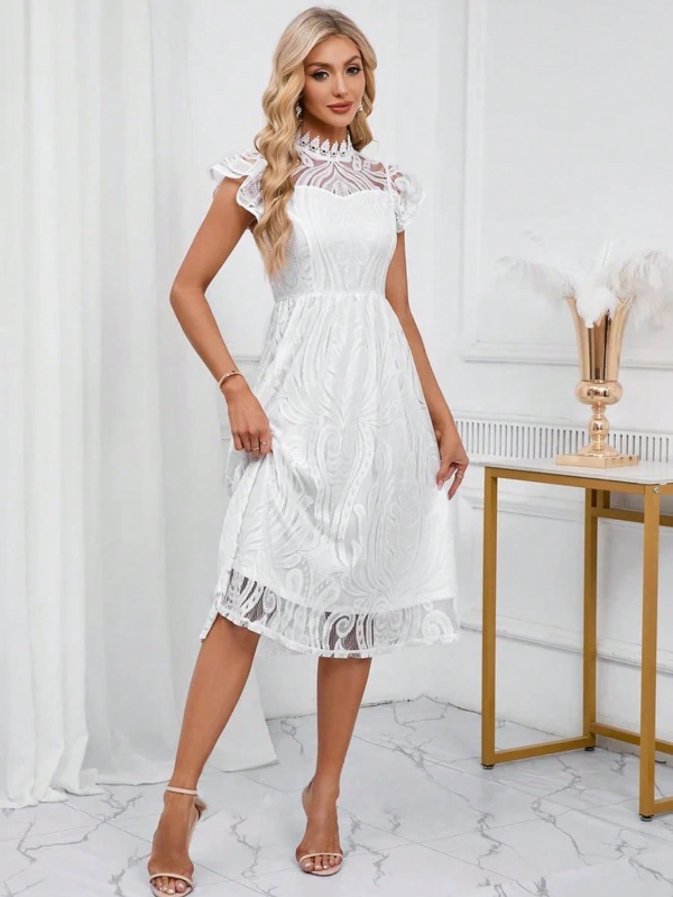 High Neck Illusion Cap Sleeve A-Line Lace Midi Dress
