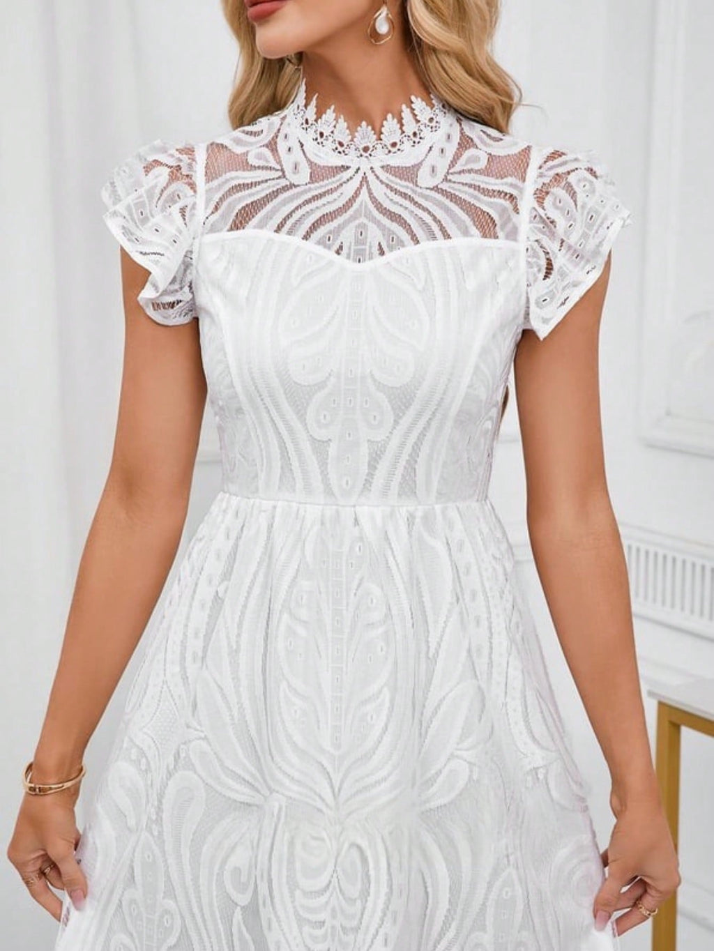 High Neck Illusion Cap Sleeve A-Line Lace Midi Dress